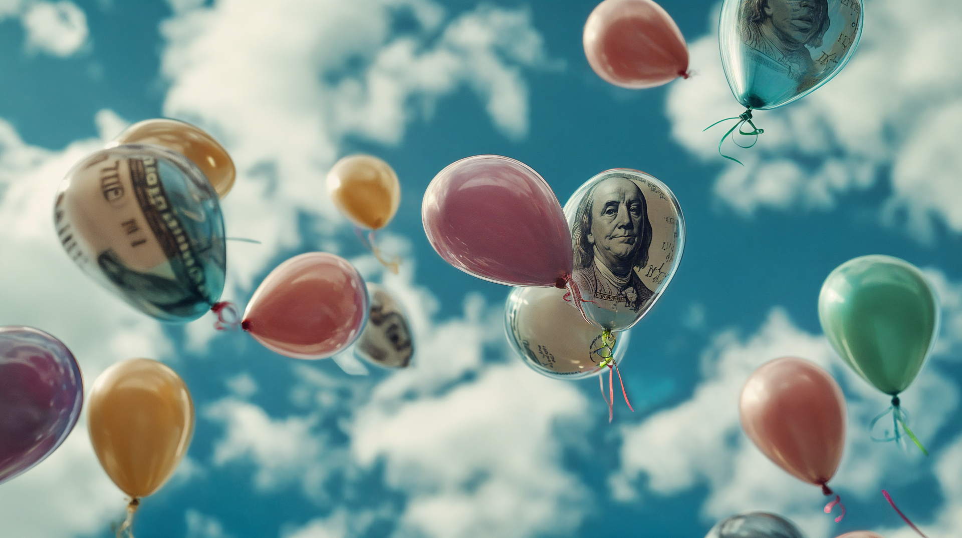 Colorful balloons featuring images of money float against a bright blue sky, symbolizing themes of money and inflation in this vibrant 4K Ultra HD desktop wallpaper.