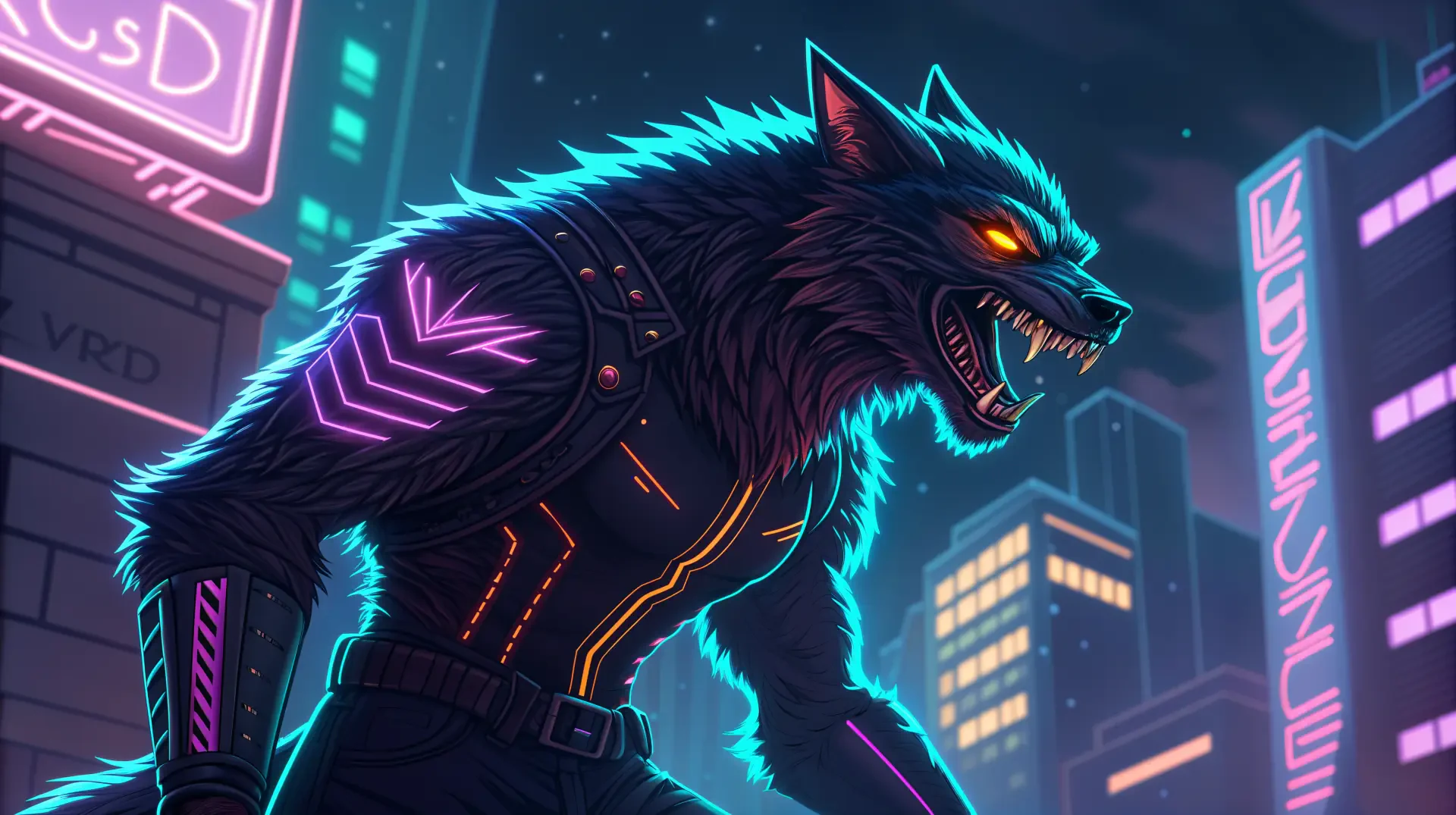 A striking werewolf stands menacingly in a neon-lit urban landscape, showcasing a futuristic design. This 4K Ultra HD wallpaper adds a bold touch to any desktop backdrop.