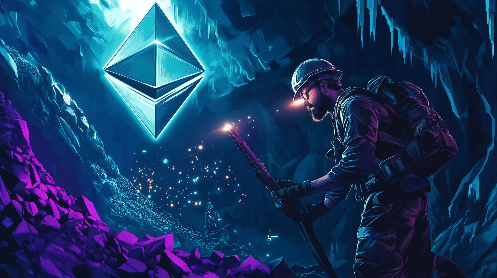 A miner explores a vibrant cave, illuminated by the Ethereum symbol, reflecting the dynamic world of cryptocurrency and crypto mining in a striking HD wallpaper.