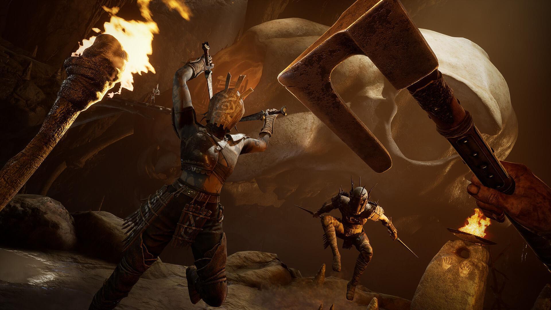 An intense scene from Skydance's BEHEMOTH, featuring characters engaged in battle amidst dramatic lighting and ominous structures, presented as a high-definition PC desktop wallpaper.