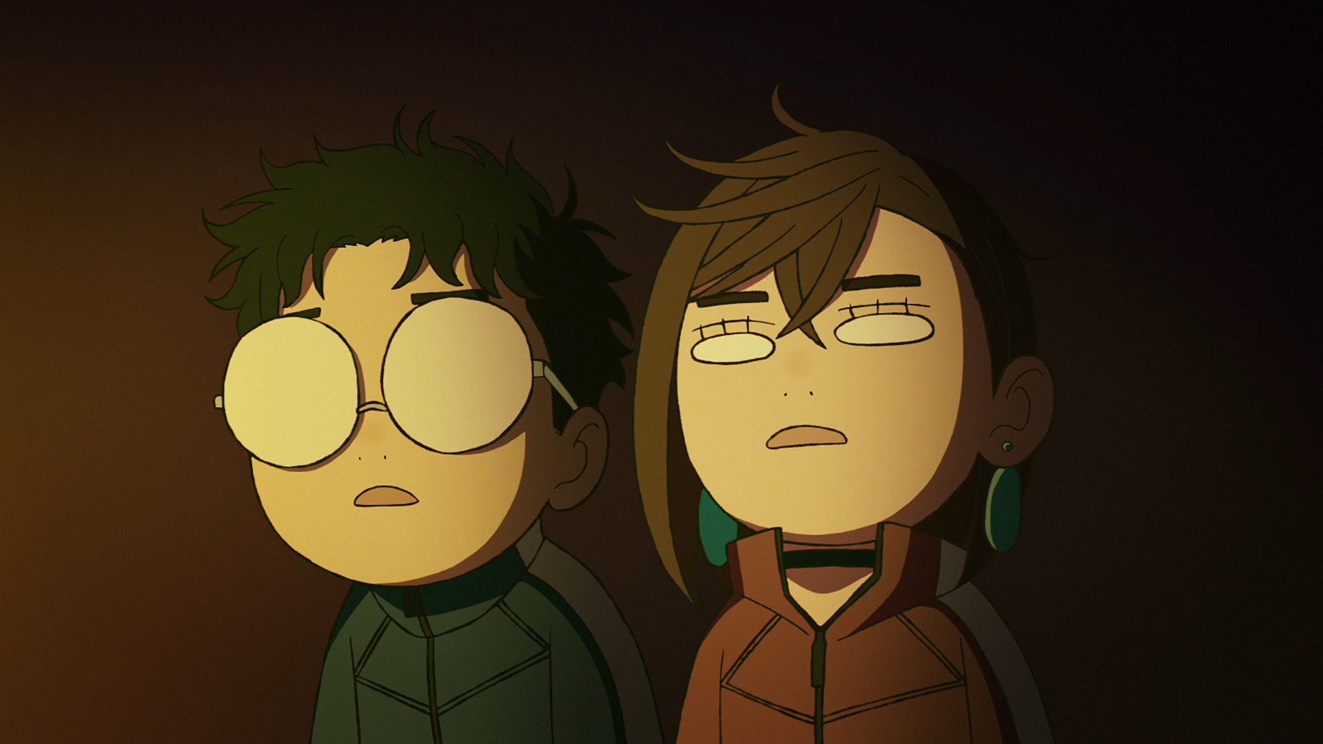 HD anime wallpaper featuring characters Ken Takakura and Momo Ayase from Dandadan with a dark, moody background.