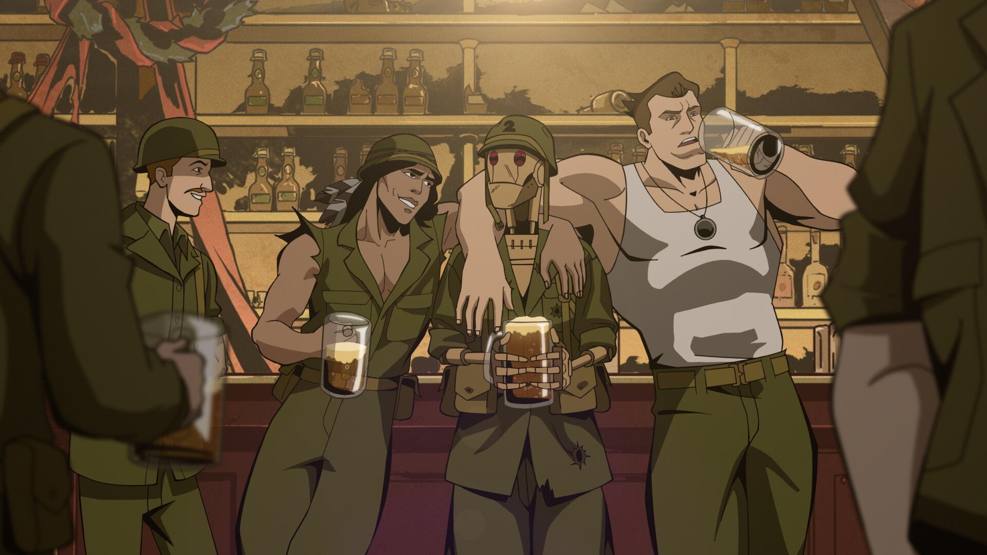 A vibrant scene from the TV show Creature Commandos, featuring animated characters in military attire enjoying drinks at a lively bar setting.