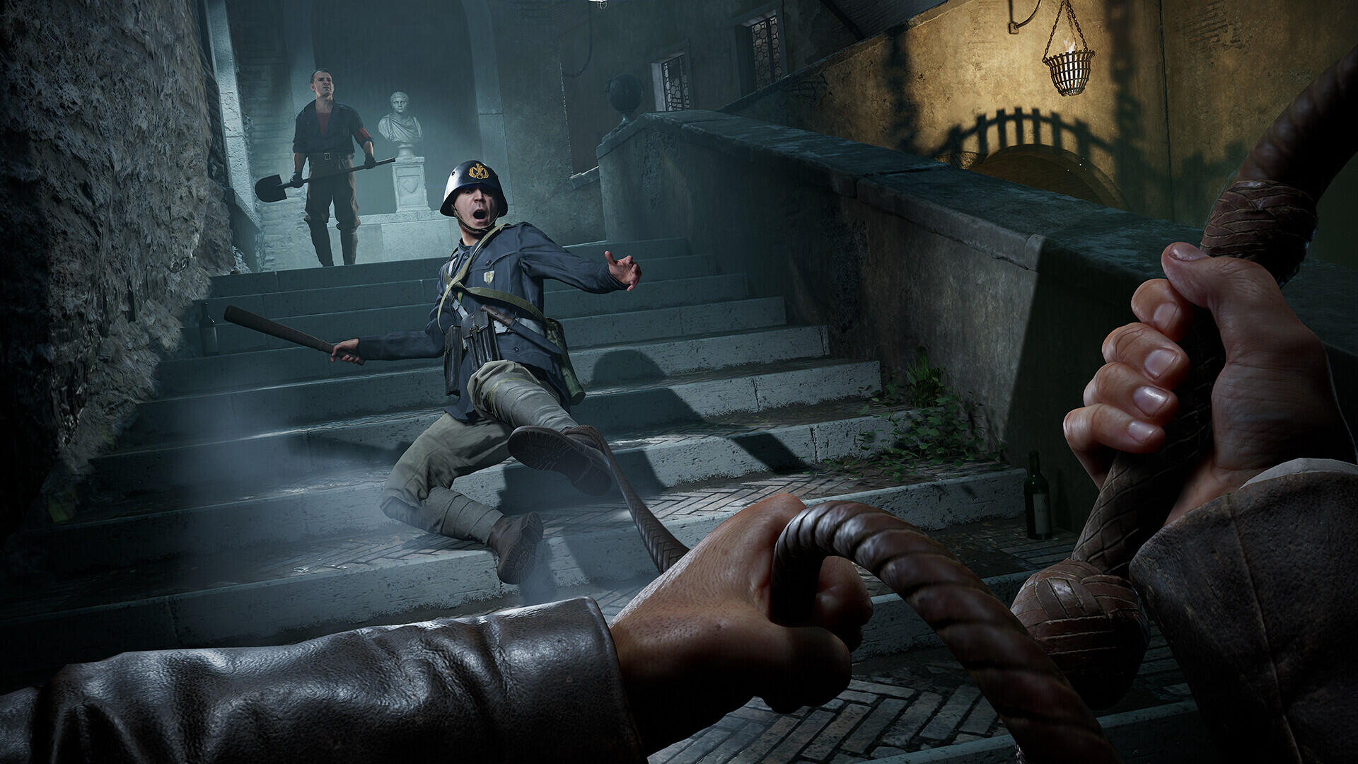 An action-packed scene from Indiana Jones and the Great Circle, featuring a character in a thrilling chase down dimly lit stairs, showcasing the game's adventurous atmosphere.