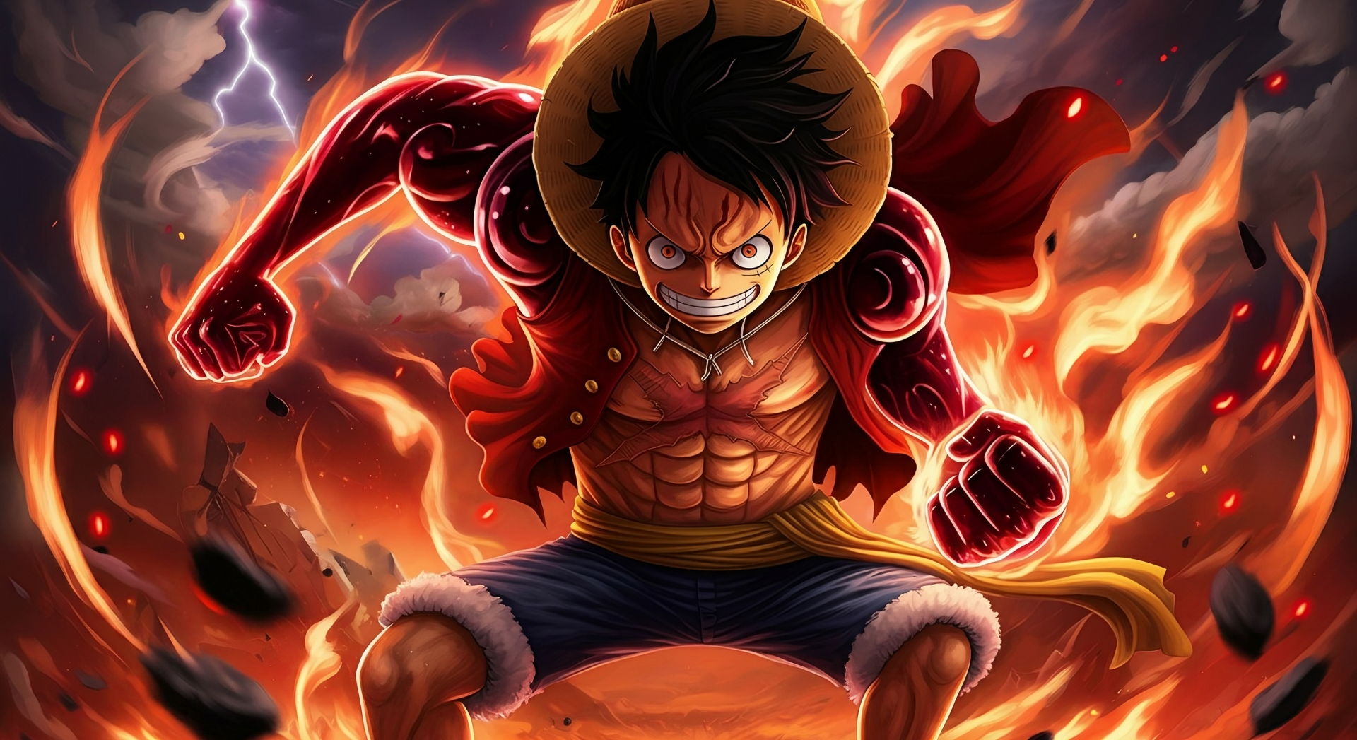 HD desktop wallpaper featuring Monkey D. Luffy from One Piece in Gear Fourth form, showcasing his intense Haki power surrounded by flames and lightning.