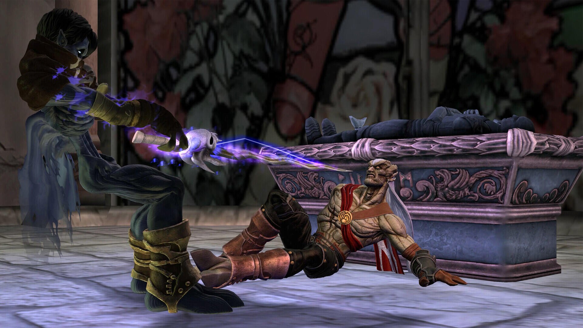 A dynamic scene from the remastered Legacy of Kain: Soul Reaver 1 & 2, featuring dramatic gameplay elements and richly detailed characters, set against a haunting backdrop.