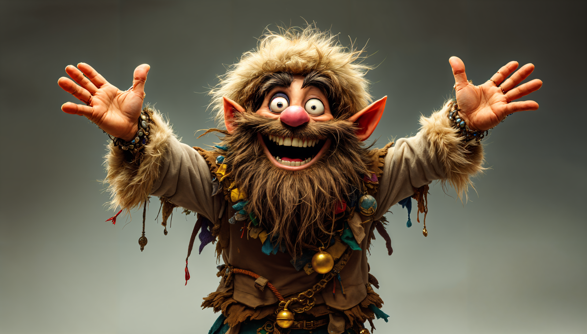 Whimsical fantasy troll puppet with expressive eyes and outstretched arms, captured in 4K Ultra HD as a vibrant PC desktop wallpaper and background.