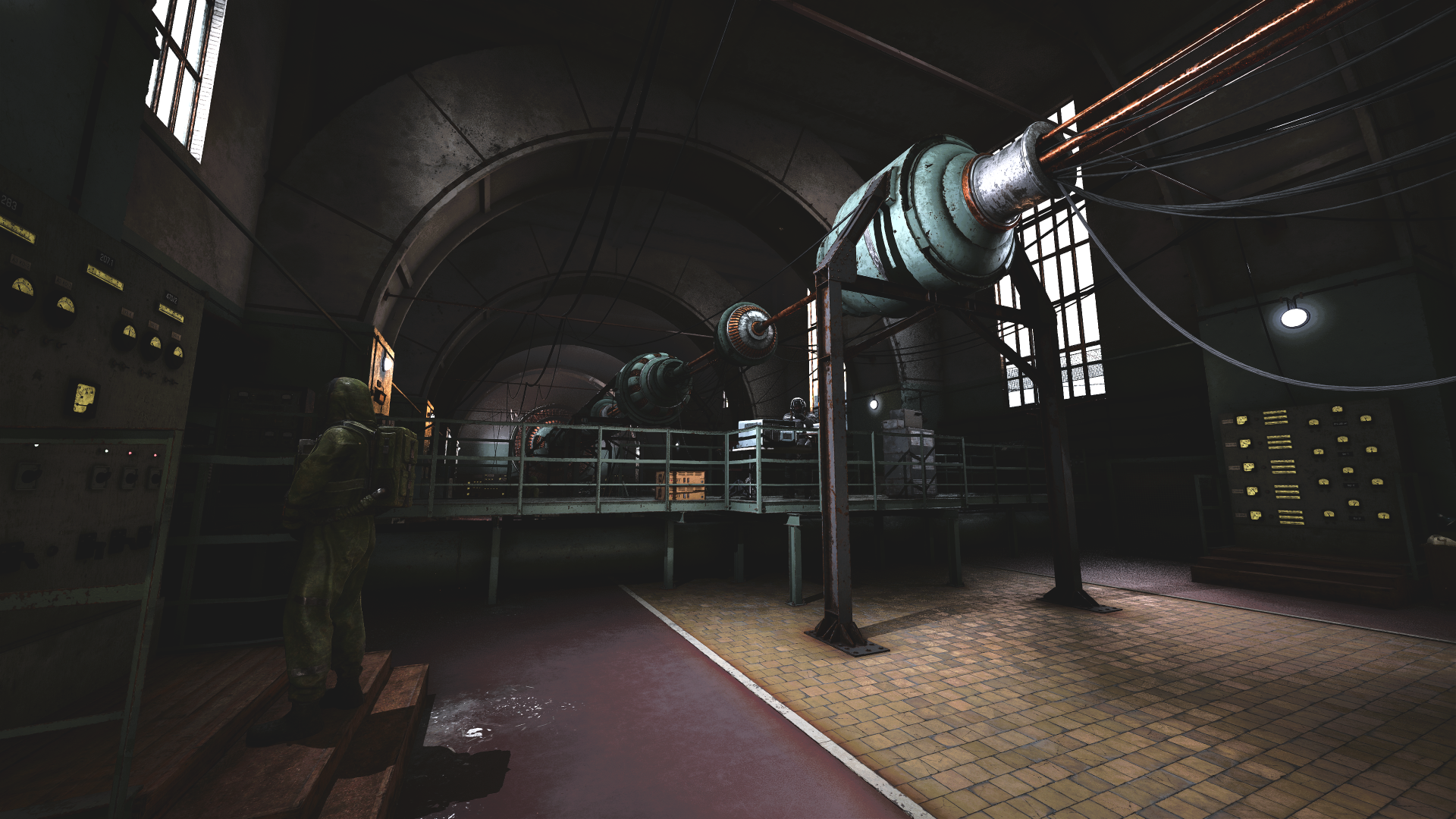 A dark, atmospheric scene from S.T.A.L.K.E.R. 2: Heart of Chernobyl, showcasing a detailed interior with industrial machinery and a lone figure, rendered in stunning 4K Ultra HD.