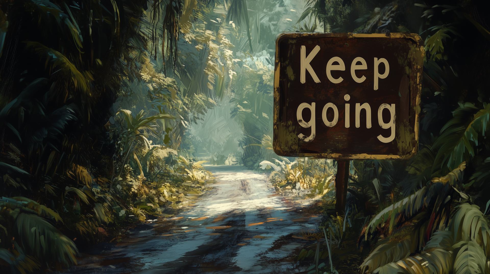 A serene forest path with a weathered sign that reads Keep going, serving as a motivational backdrop for a HD PC desktop wallpaper.