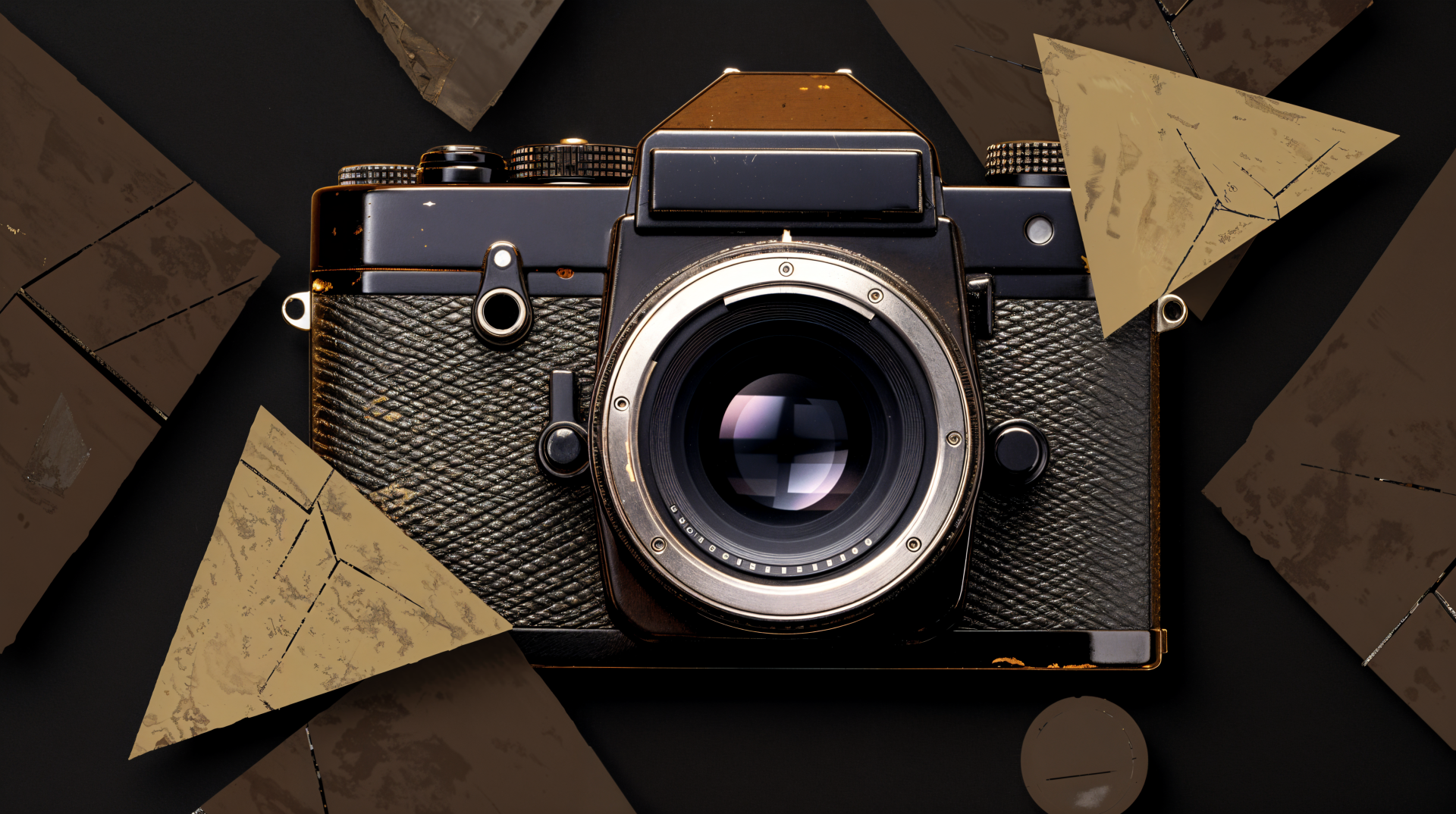 A close-up of a vintage camera surrounded by textured geometric shapes, presented in a 4K Ultra HD PC desktop wallpaper format, featuring rich colors and intricate details.