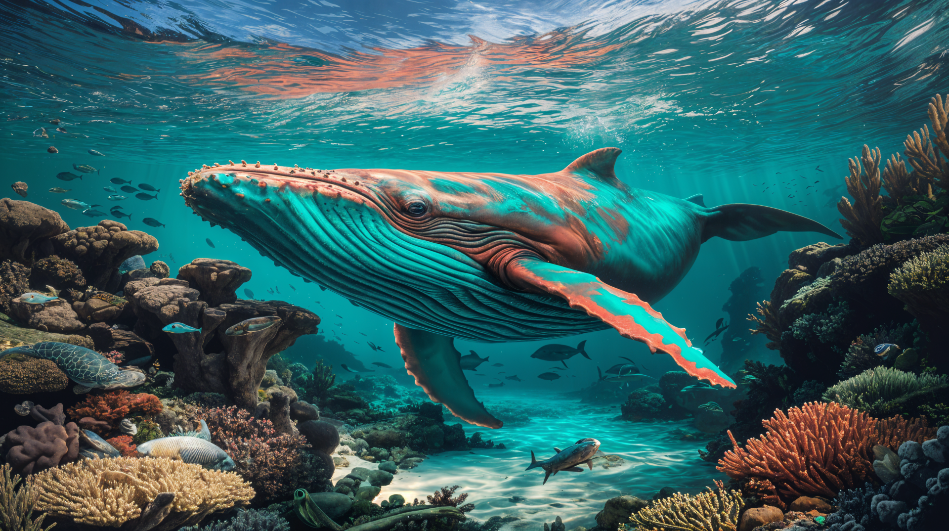 A vibrant leviathan swims majestically through a coral reef, showcasing stunning details and colors in this 4K Ultra HD PC desktop wallpaper.