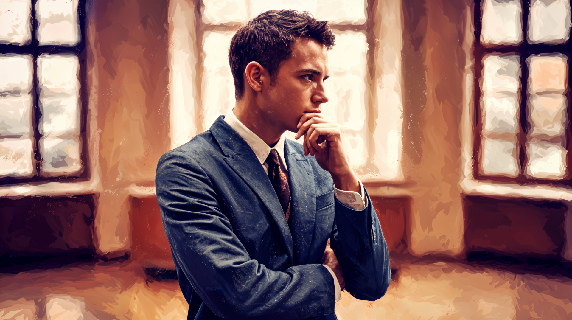 A contemplative man in a suit stands with his hand on his chin, gazing thoughtfully out of a window, captured in a 4K Ultra HD PC desktop wallpaper.