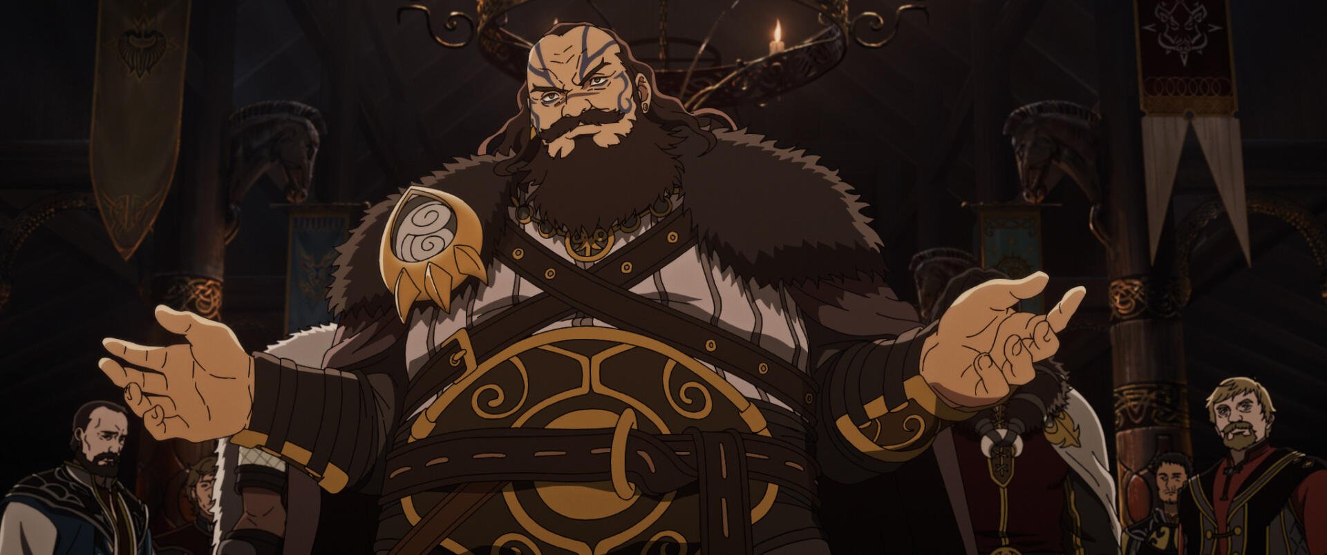 Anime-style depiction of a Viking warrior from The Lord of the Rings: The War of the Rohirrim, featuring detailed armor and a dark, dramatic background.