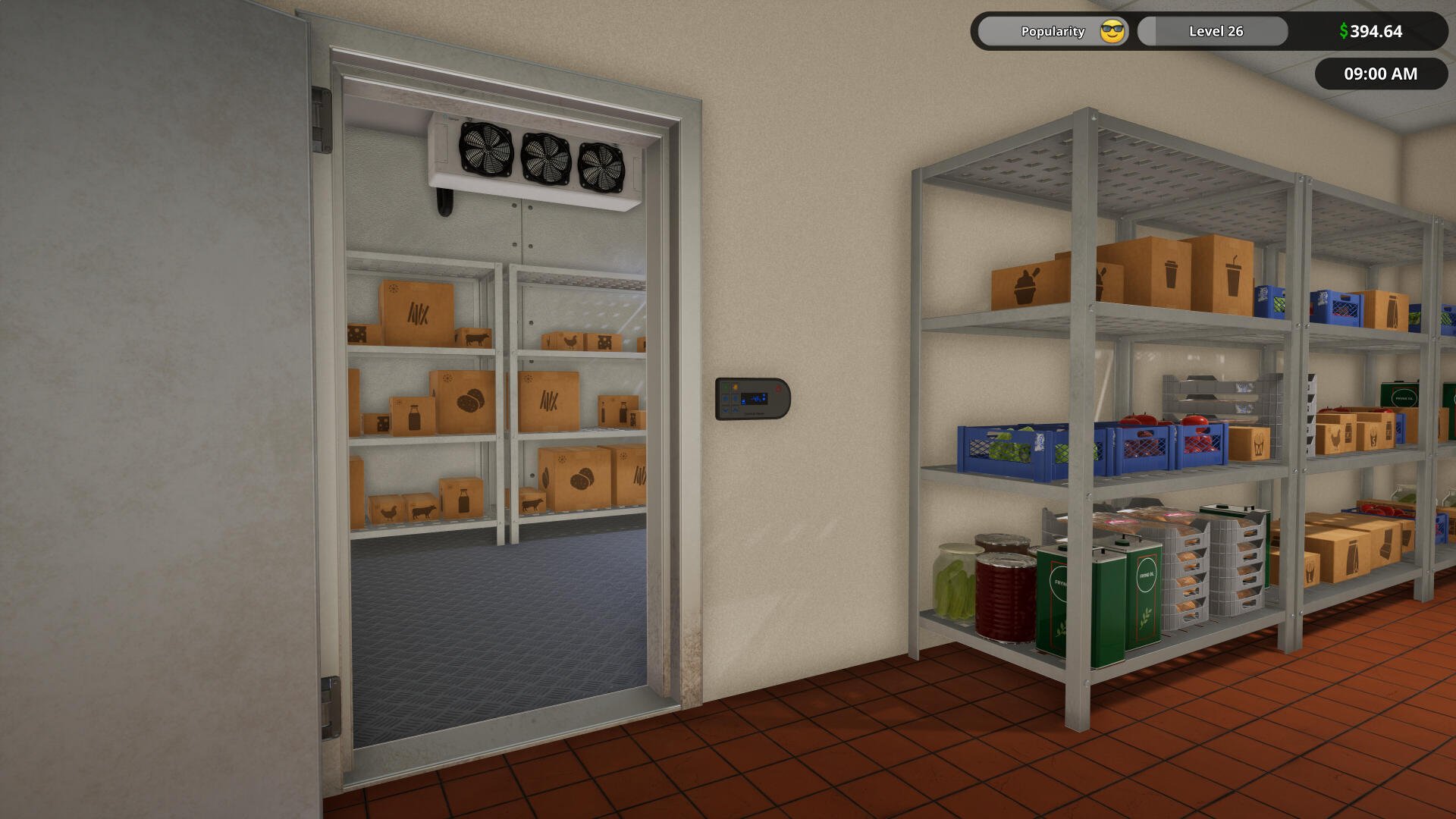 An interior view from the game Fast Food Simulator, featuring a cooler door and shelves stocked with colorful boxes and food supplies, presented in 4K Ultra HD.