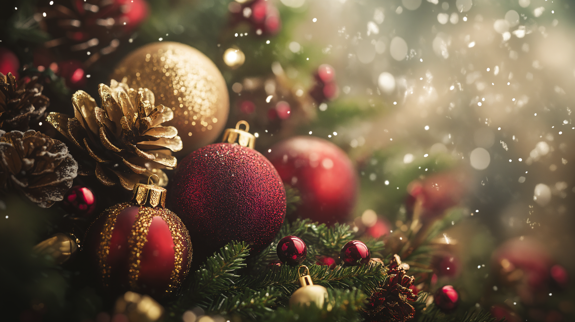 A festive arrangement of red and gold Christmas ornaments, pine cones, and shimmering lights captures the holiday spirit in this vibrant 4K Ultra HD desktop wallpaper.