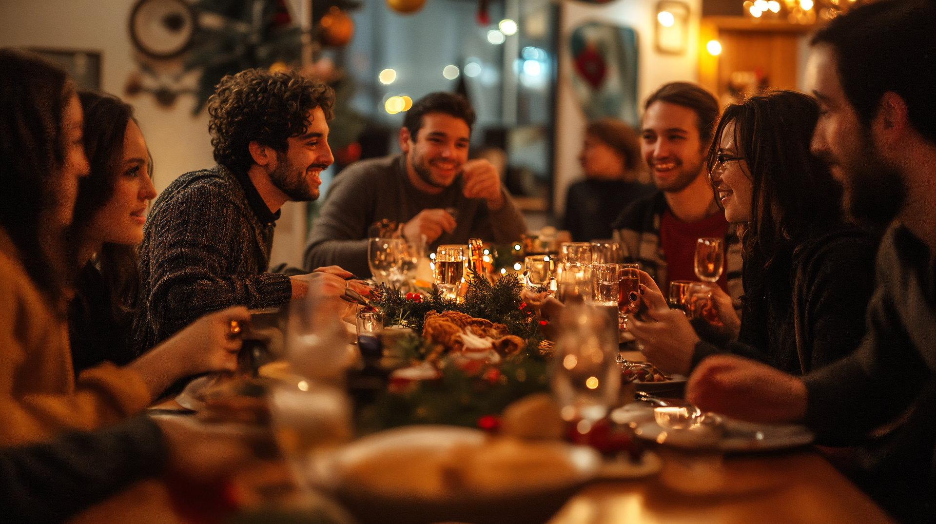 A festive holiday party scene featuring a diverse group of friends enjoying a meal together, surrounded by warm lighting and decorations. 4K Ultra HD desktop wallpaper and background.