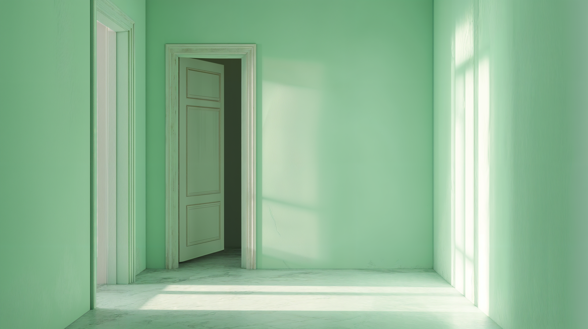 A serene interior room featuring mint green walls and a door, bathed in natural light. This 4K Ultra HD wallpaper showcases a tranquil, minimalist aesthetic.