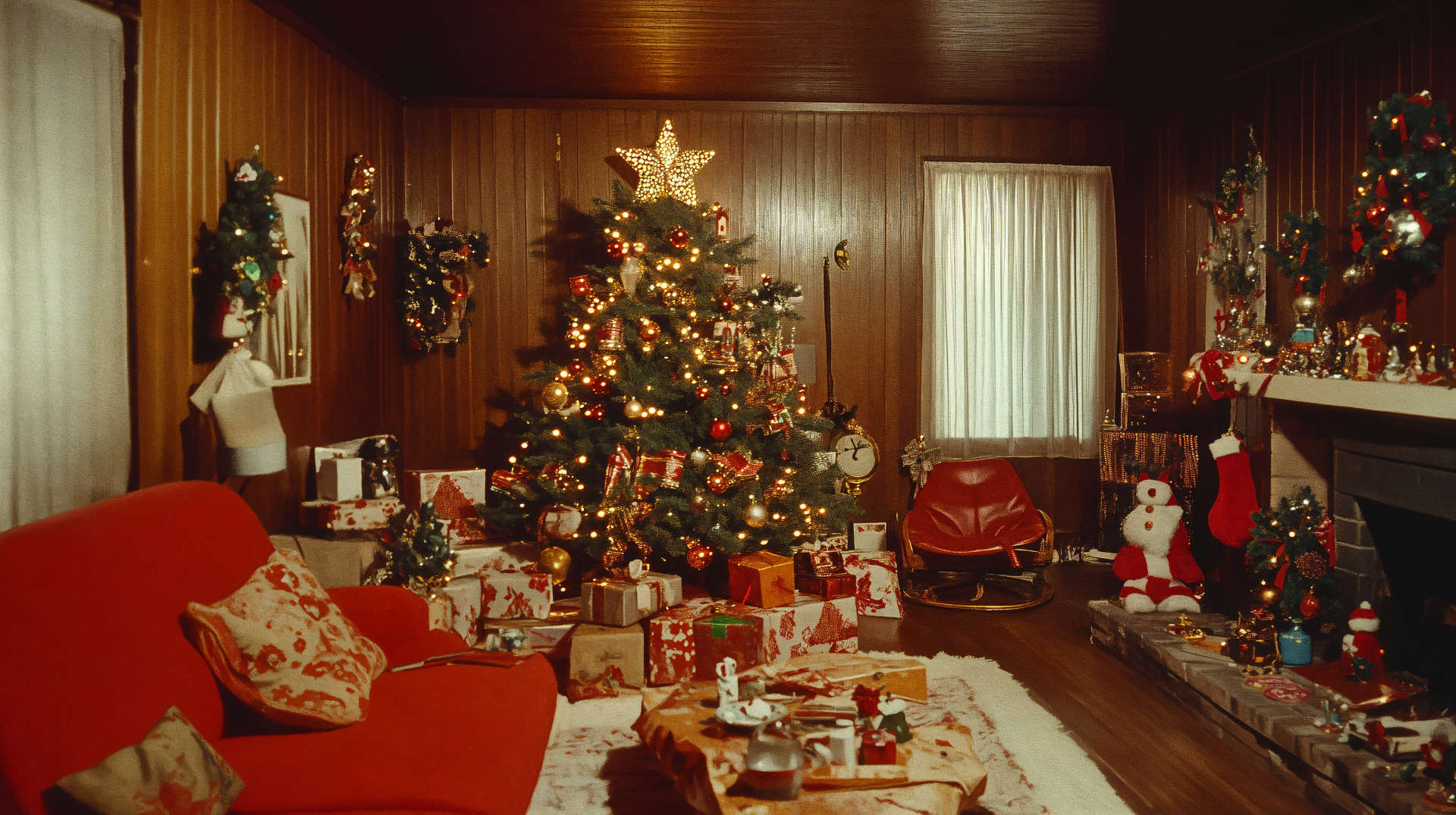 Cozy vintage Christmas living room with a decorated tree, wrapped gifts, wood-paneled walls, festive holiday decor, and warm lighting in 4K Ultra HD quality.