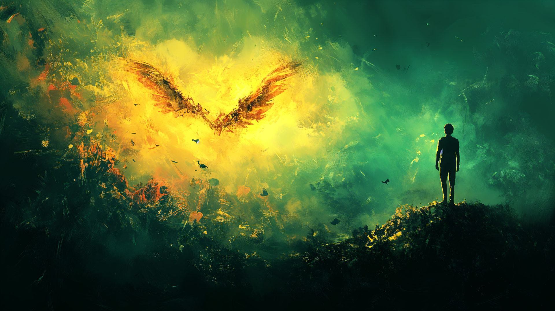 A silhouette stands before a vibrant, ethereal landscape, where fiery wings emerge from a luminous background, embodying themes of hope and transformation in this stunning 4K Ultra HD wallpaper.