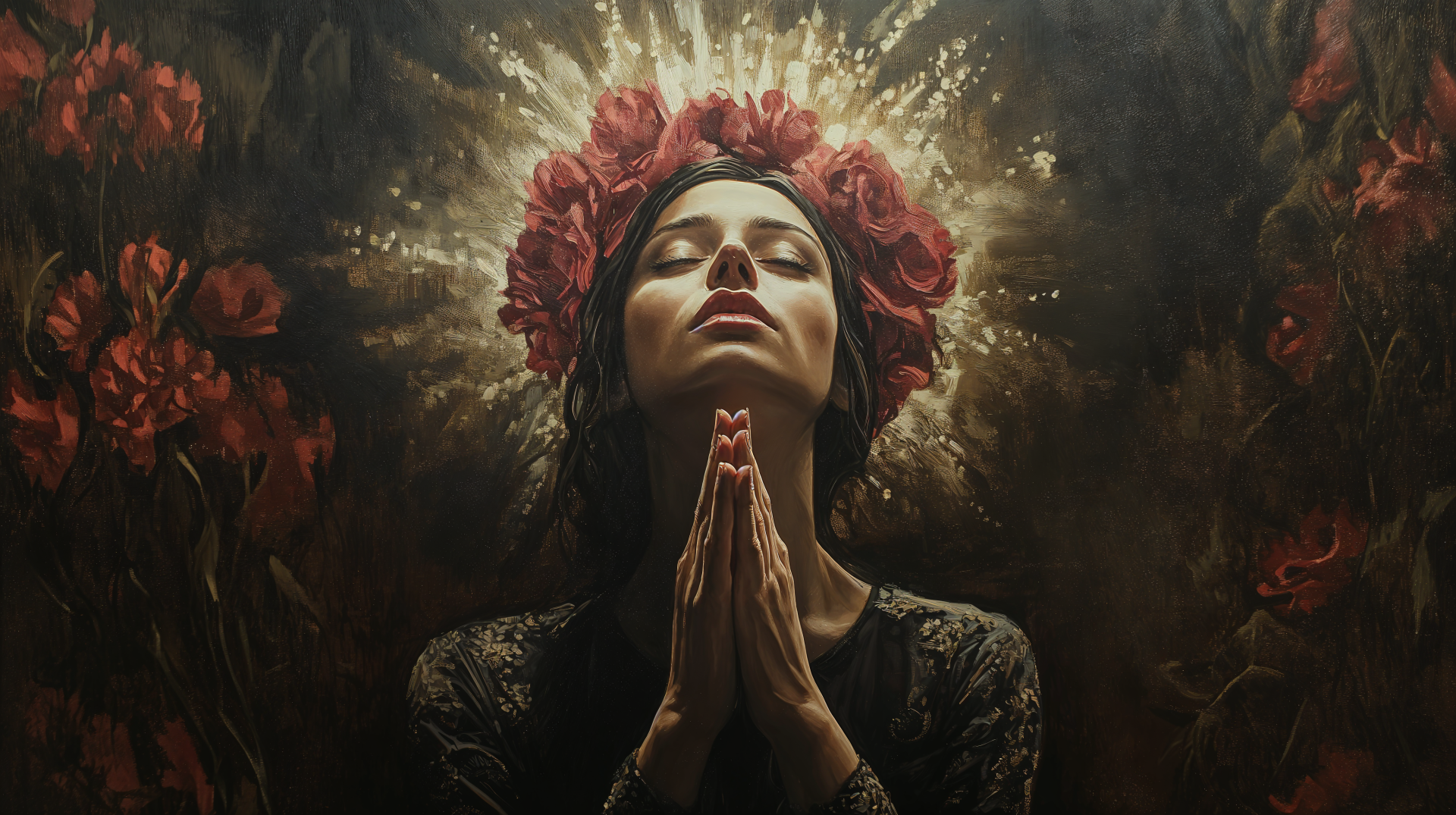 A woman with a floral crown prays with her hands clasped, surrounded by a radiant glow and dark floral elements. This 4K Ultra HD image captures a moment of deep faith and reverence.