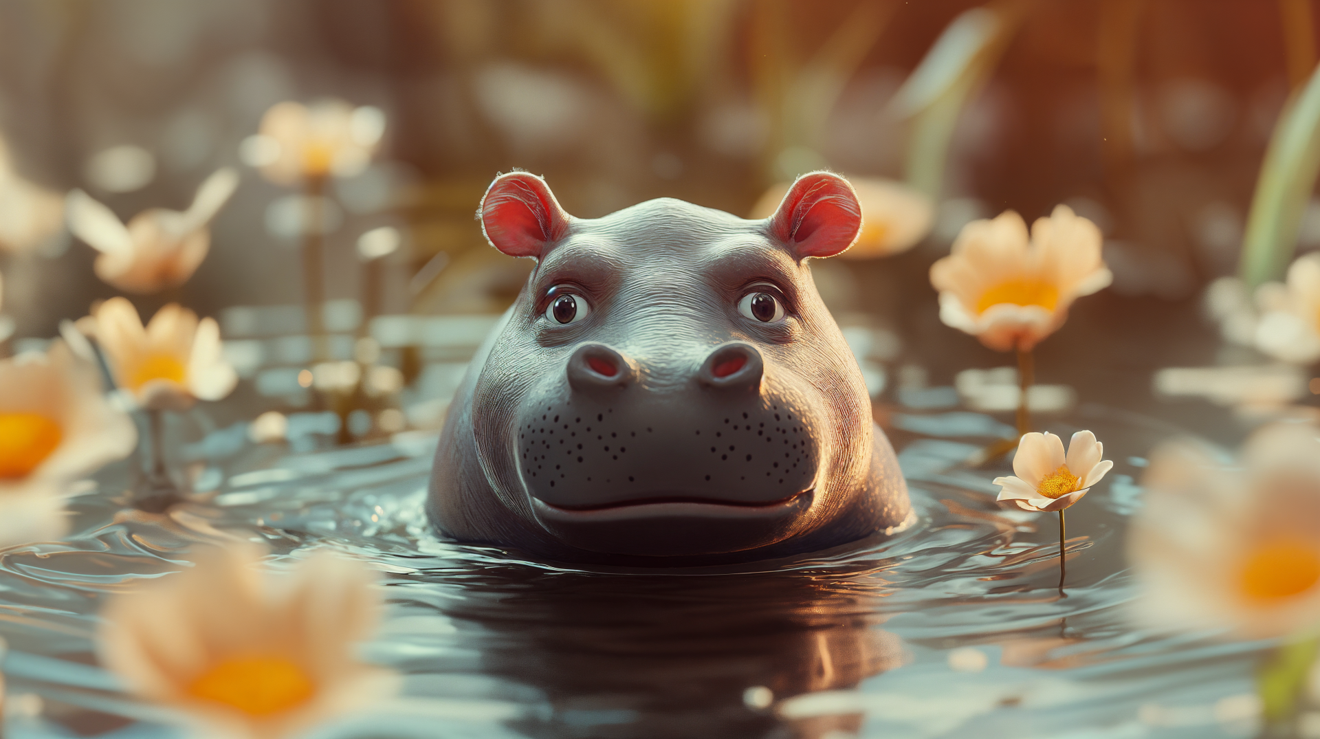A serene 4K Ultra HD wallpaper featuring a hippo emerging from a tranquil water scene surrounded by blooming flowers, capturing a moment of natural beauty.