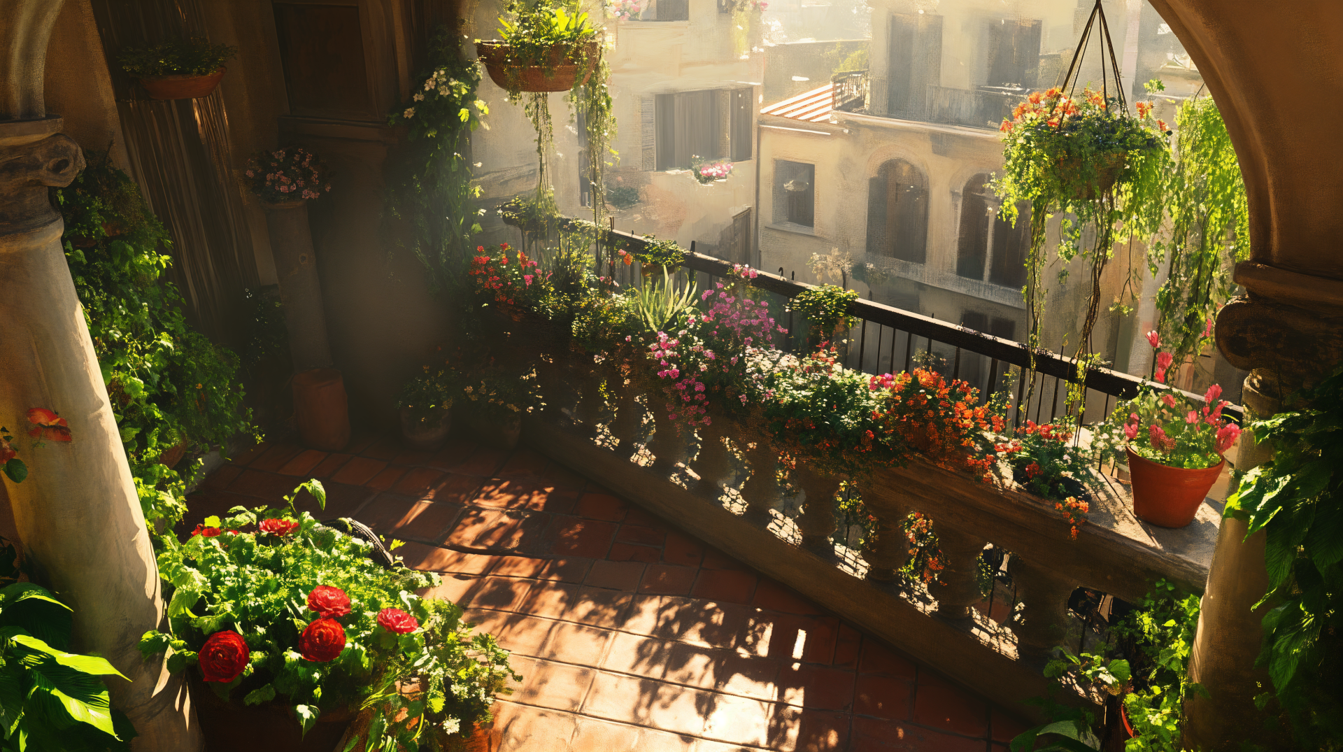 Sunlit balcony garden with vibrant flowers and lush plants, captured in 4K Ultra HD as a PC desktop wallpaper and background.