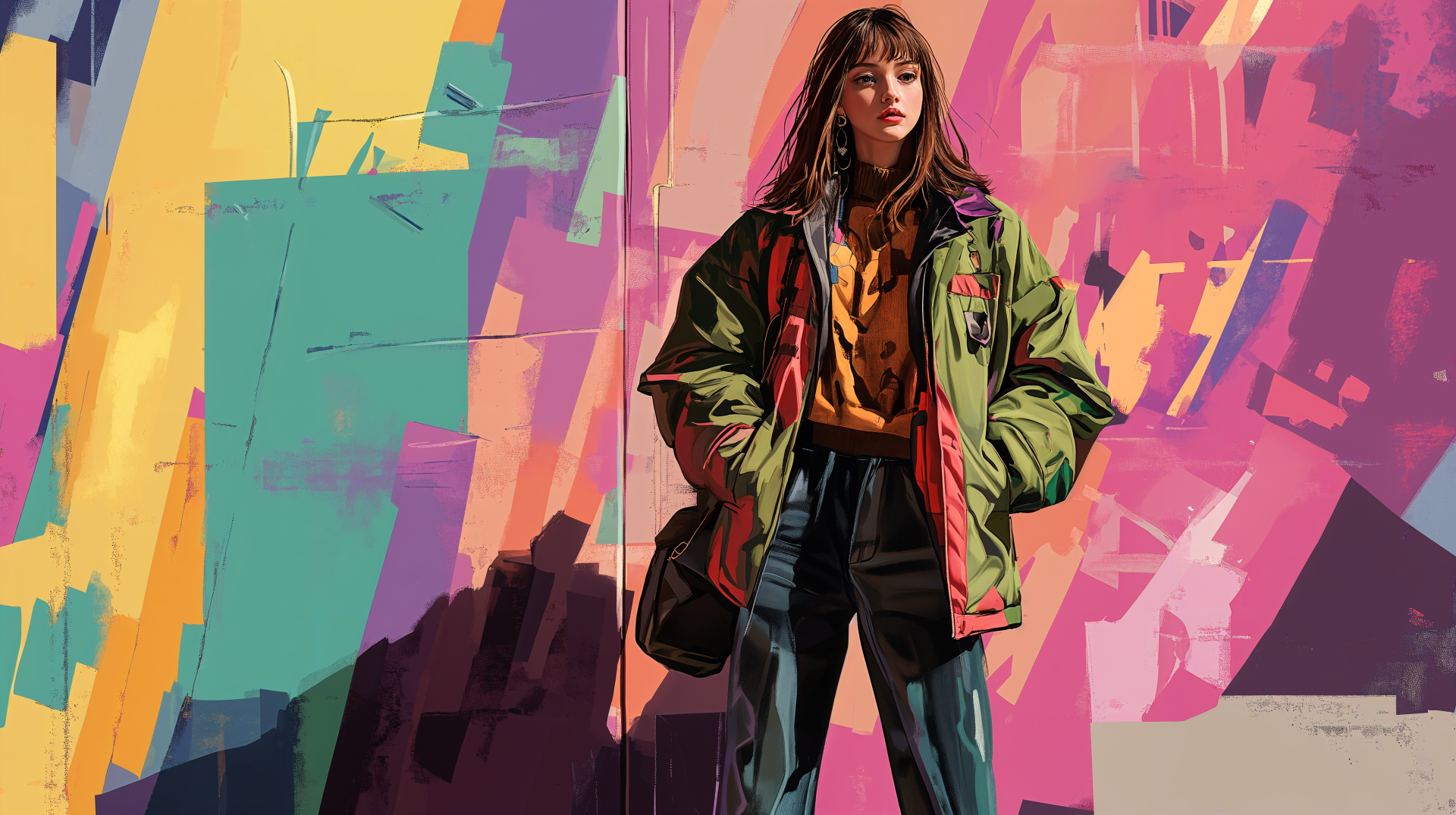 A stylish individual poses confidently against a vibrant, abstract backdrop, showcasing a trendy outfit. This 4K Ultra HD wallpaper captures fashion-forward aesthetics.