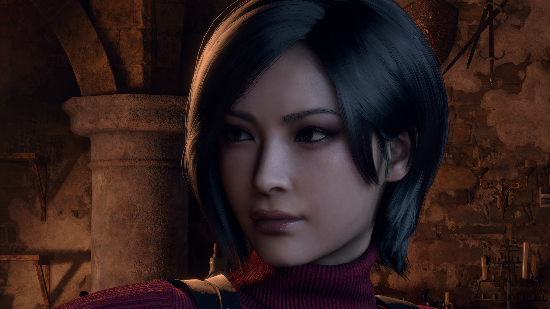 Ada Wong from Resident Evil 4 (2023) video game — HD PC desktop wallpaper: close-up of her face, black bob, red turtleneck, dim stone arch background.