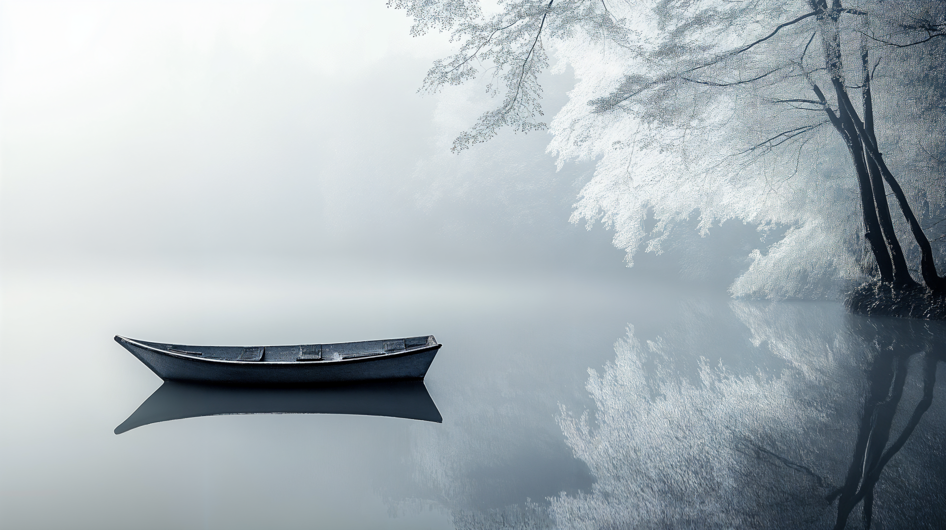 A tranquil scene of a lone boat floating on a serene lake, surrounded by misty trees, captured in stunning 4K Ultra HD for a peaceful desktop wallpaper.