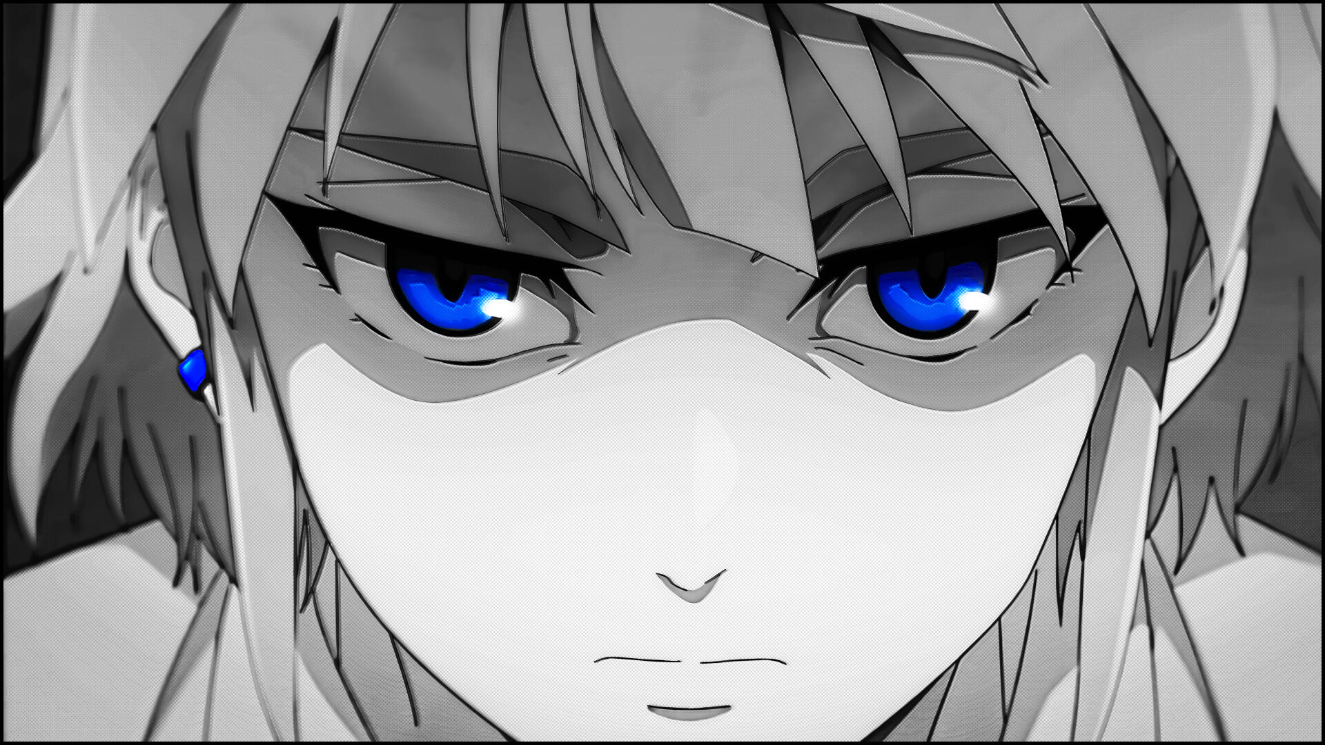 Close-up of Khun Aguero Agnis from the manga Tower of God, featuring intense blue eyes against a monochrome background. This 4K Ultra HD image serves as a striking desktop wallpaper.