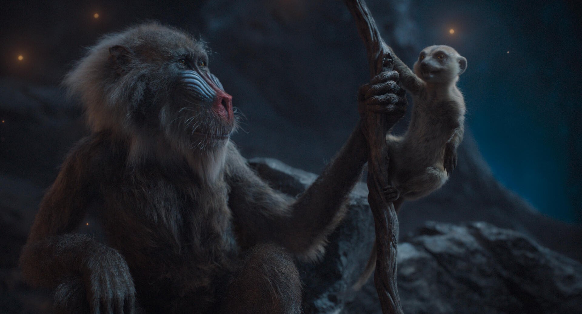 HD PC desktop wallpaper featuring a scene from the movie Mufasa: The Lion King, showing a baboon holding a young monkey against a nighttime backdrop.