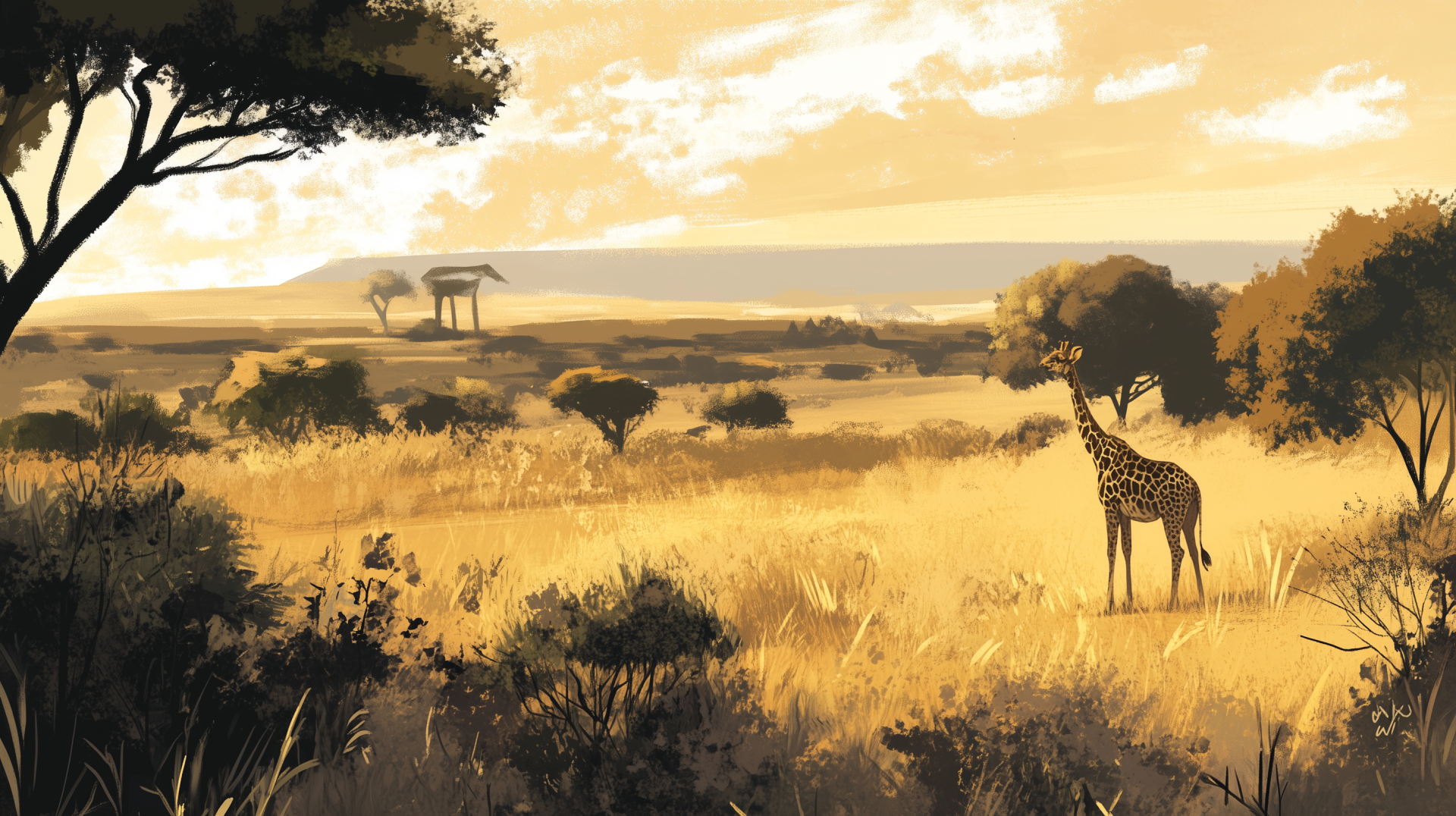 A serene safari scene featuring a giraffe standing gracefully in a golden landscape with distant trees and a calm horizon, perfect as an HD PC desktop wallpaper.
