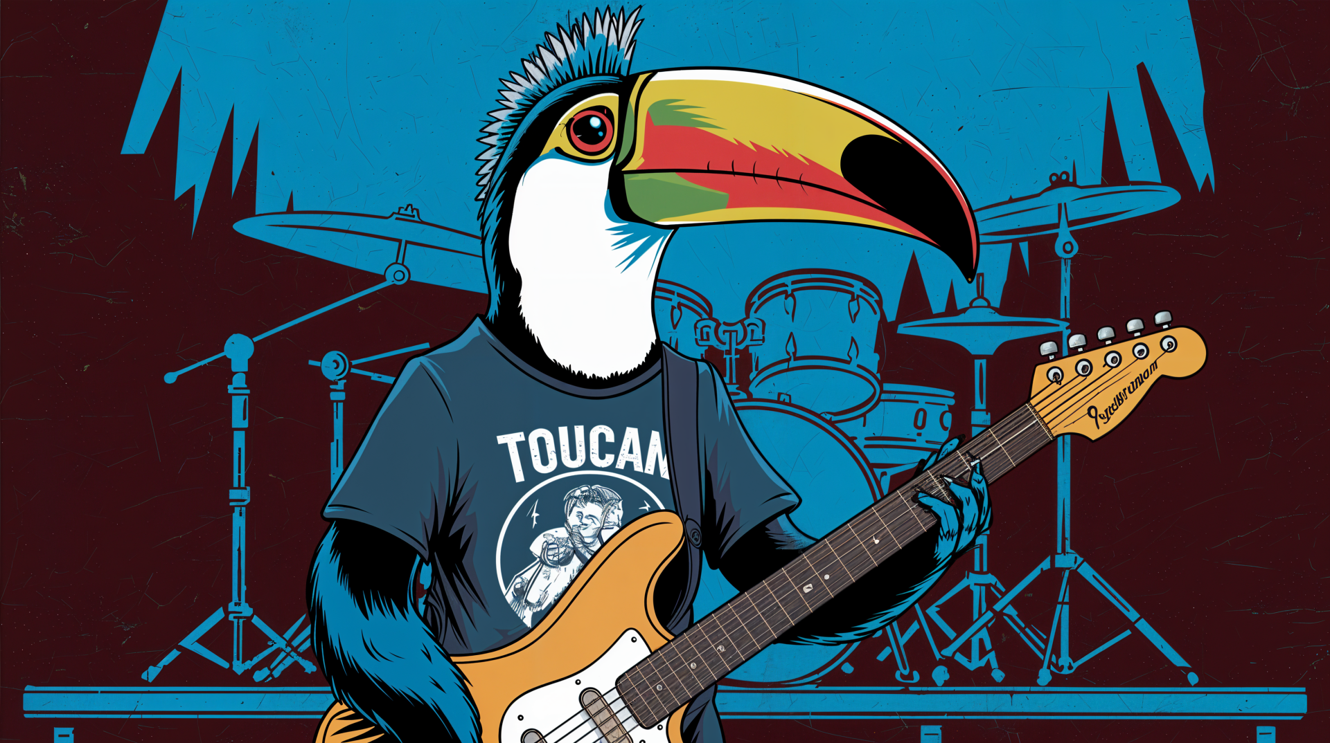 A vibrant toucan character dressed in a T-shirt and playing electric guitar, set against a backdrop of drums, creating an engaging 4K Ultra HD desktop wallpaper.