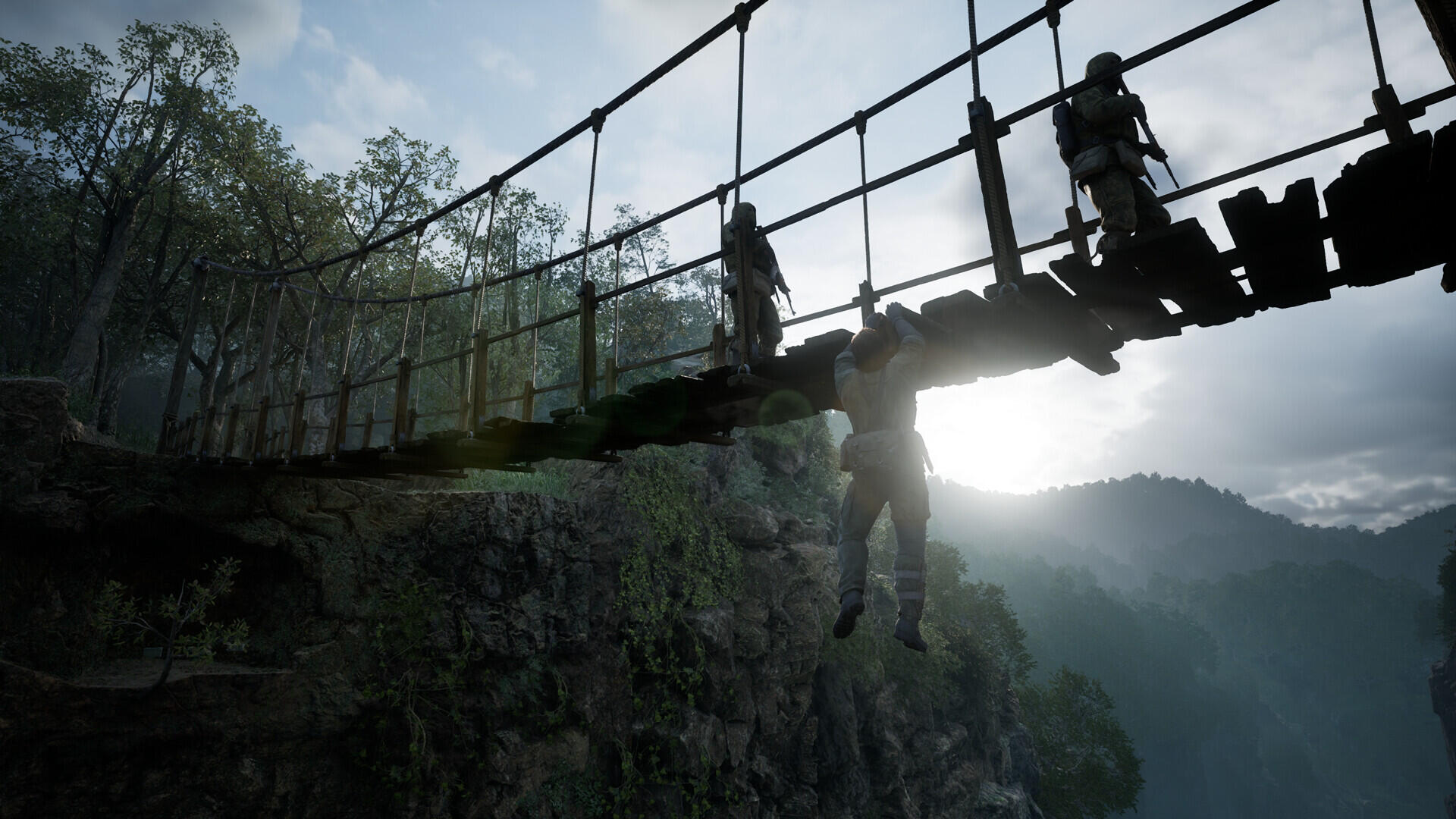 A dramatic scene from Metal Gear Solid Δ: Snake Eater, featuring a character hanging precariously from a rickety bridge with soldiers in the background and a misty landscape.