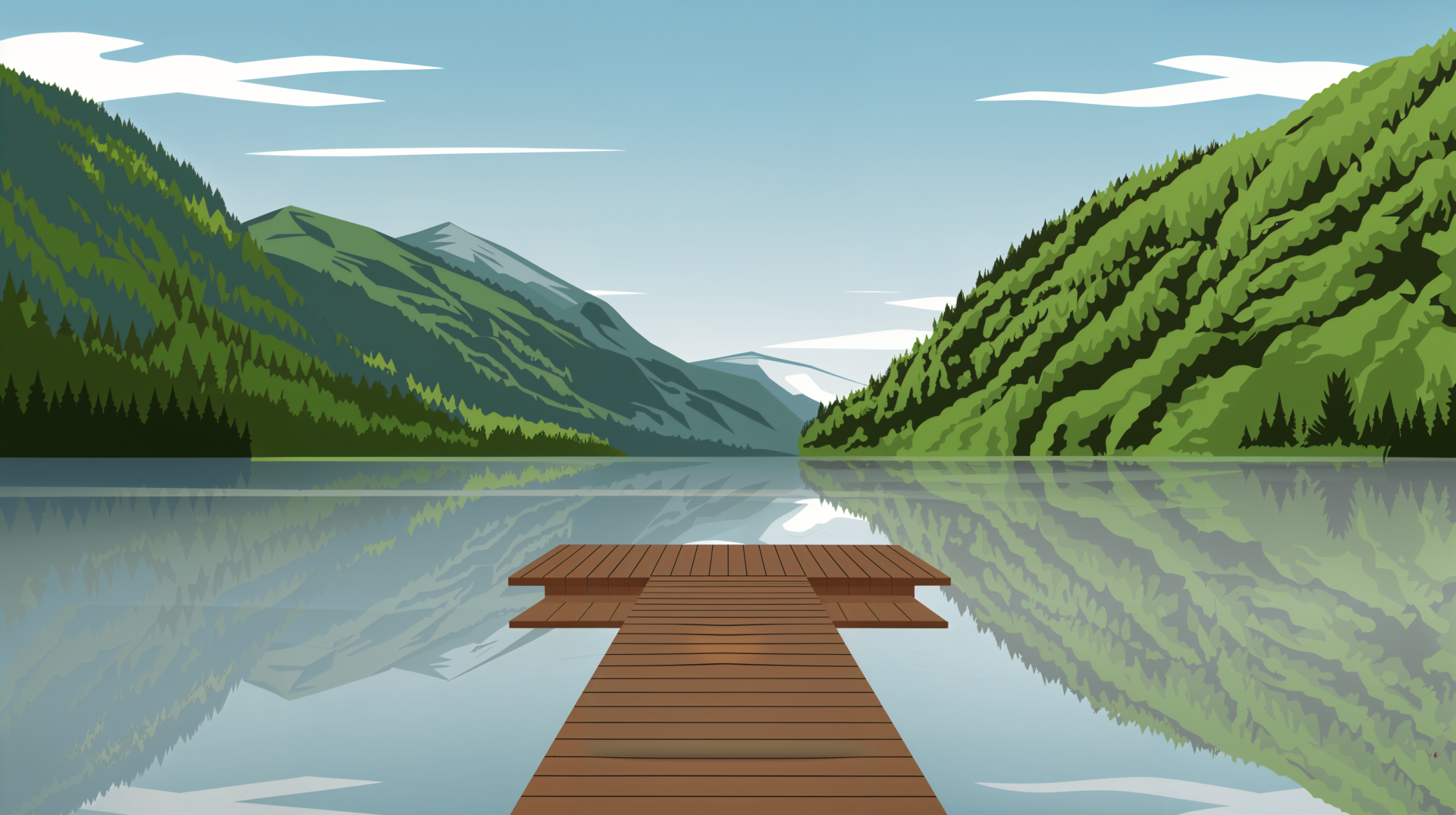 A serene mountain lake scene featuring a wooden dock extending into calm waters, surrounded by lush green hills under a clear sky. Captured in stunning 4K Ultra HD resolution.