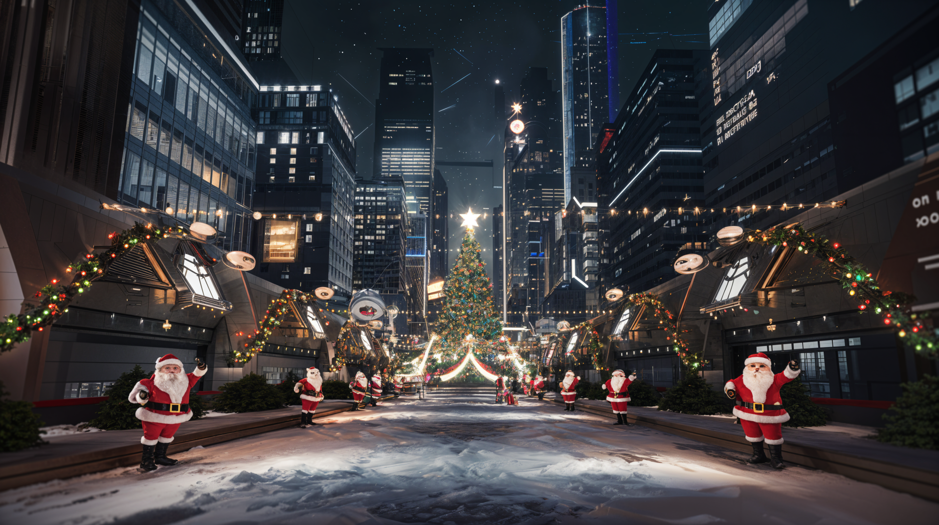 A festive urban scene showcases Santa Claus figures amid holiday decorations and twinkling lights, capturing the vibrant holiday spirit in a 4K Ultra HD backdrop.