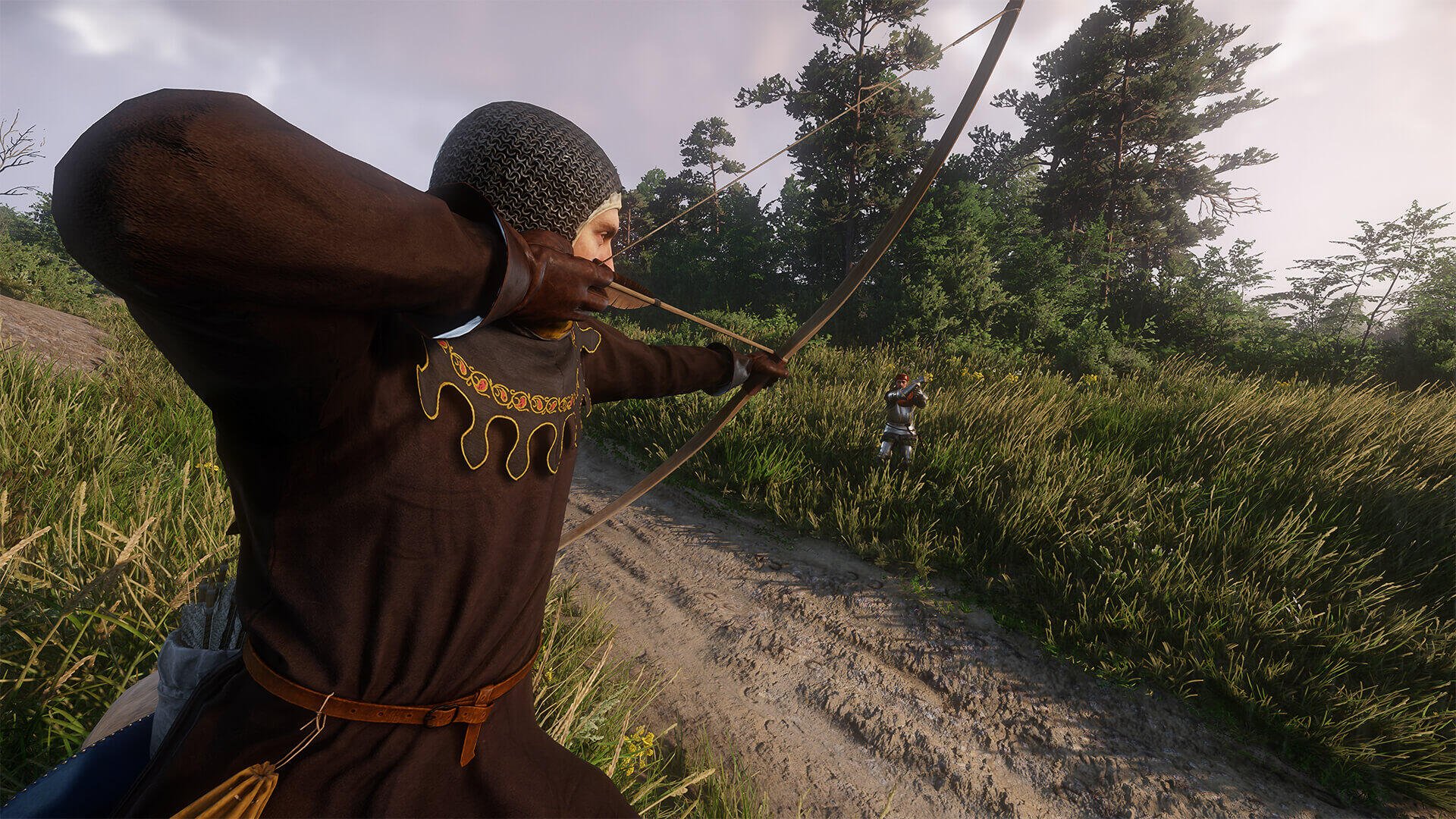 HD PC desktop wallpaper from the video game Kingdom Come: Deliverance II, showing a medieval archer aiming a bow down a forest path.