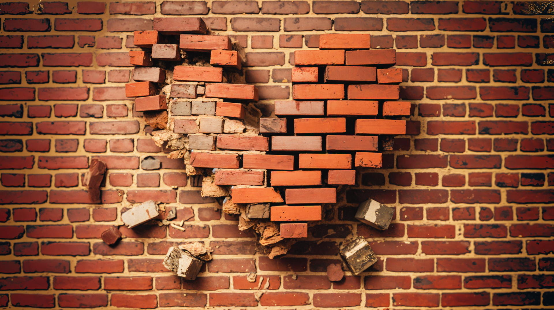 A striking 4K Ultra HD wallpaper featuring a heart-shaped break in a brick wall, symbolizing love and celebration, making it a unique background for an anniversary theme.