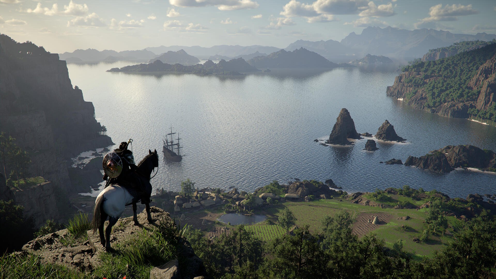 A breathtaking landscape from the video game Crimson Desert, showcasing a figure on horseback overlooking a serene bay with islands and distant mountains in stunning 4K Ultra HD.