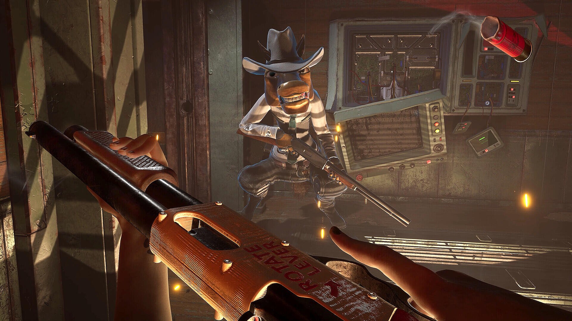 A dynamic HD wallpaper from the video game Judas (2025), featuring a character in a cowboy hat wielding a rifle in a gritty, atmospheric setting.