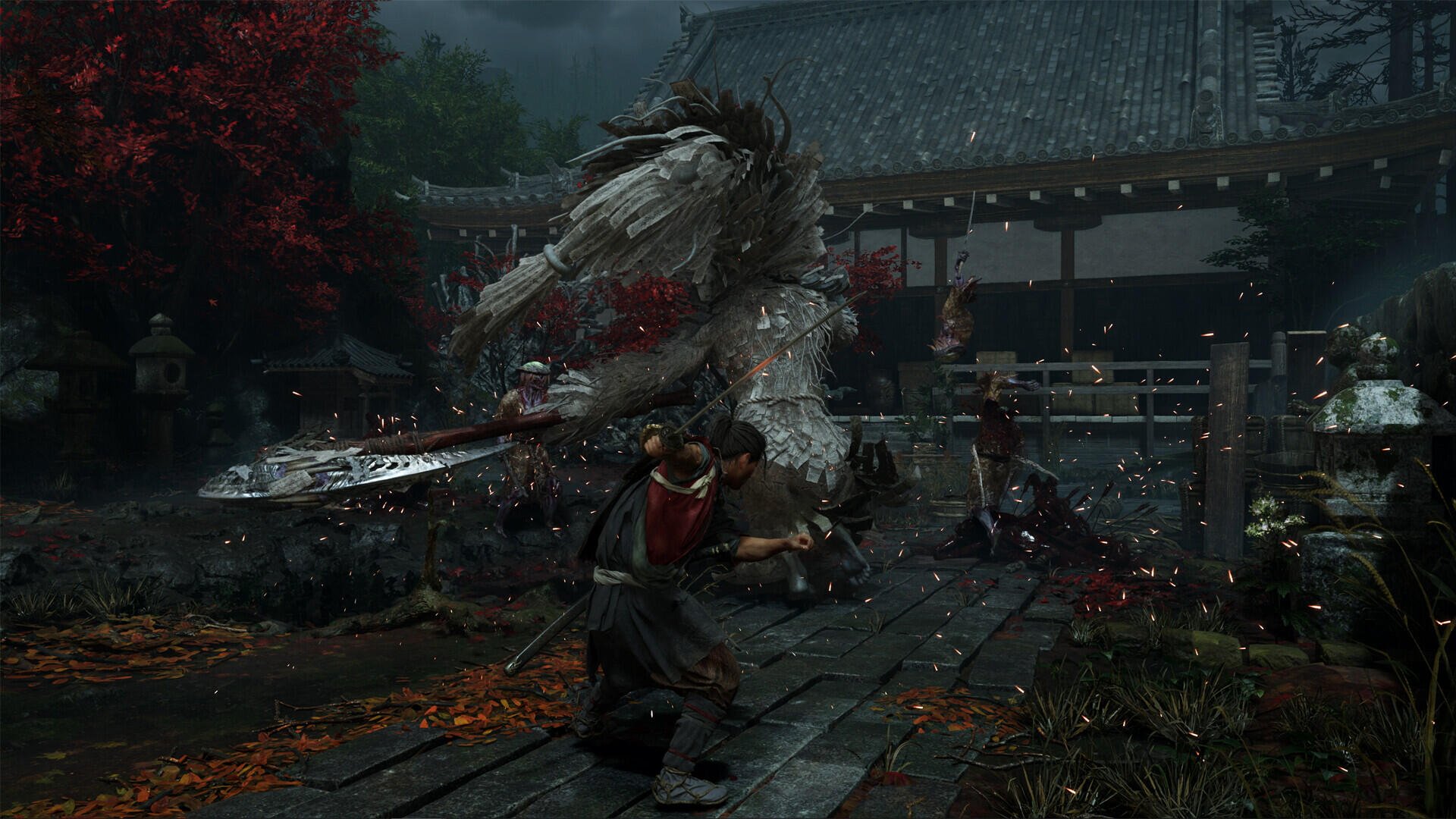A dramatic scene from the video game Onimusha: Way of the Sword, featuring a warrior in action against a mystical creature in a richly detailed environment. HD PC desktop wallpaper.