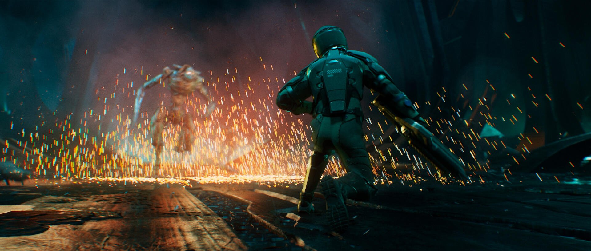 A dynamic scene from the video game Exodus (2024), showcasing an intense battle with sparks flying, set against a dark, atmospheric backdrop. HD PC desktop wallpaper.