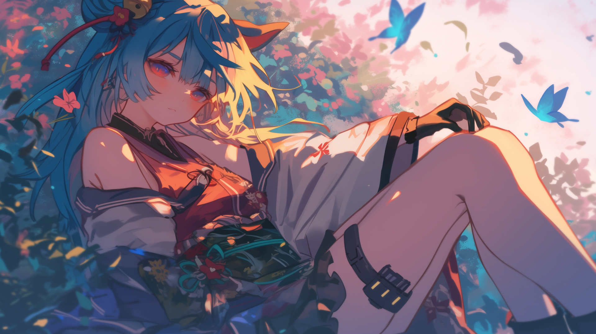 HD anime wallpaper featuring Yukihana Lamy, a popular Virtual YouTuber from Hololive, surrounded by vibrant flowers and butterflies in a serene setting.