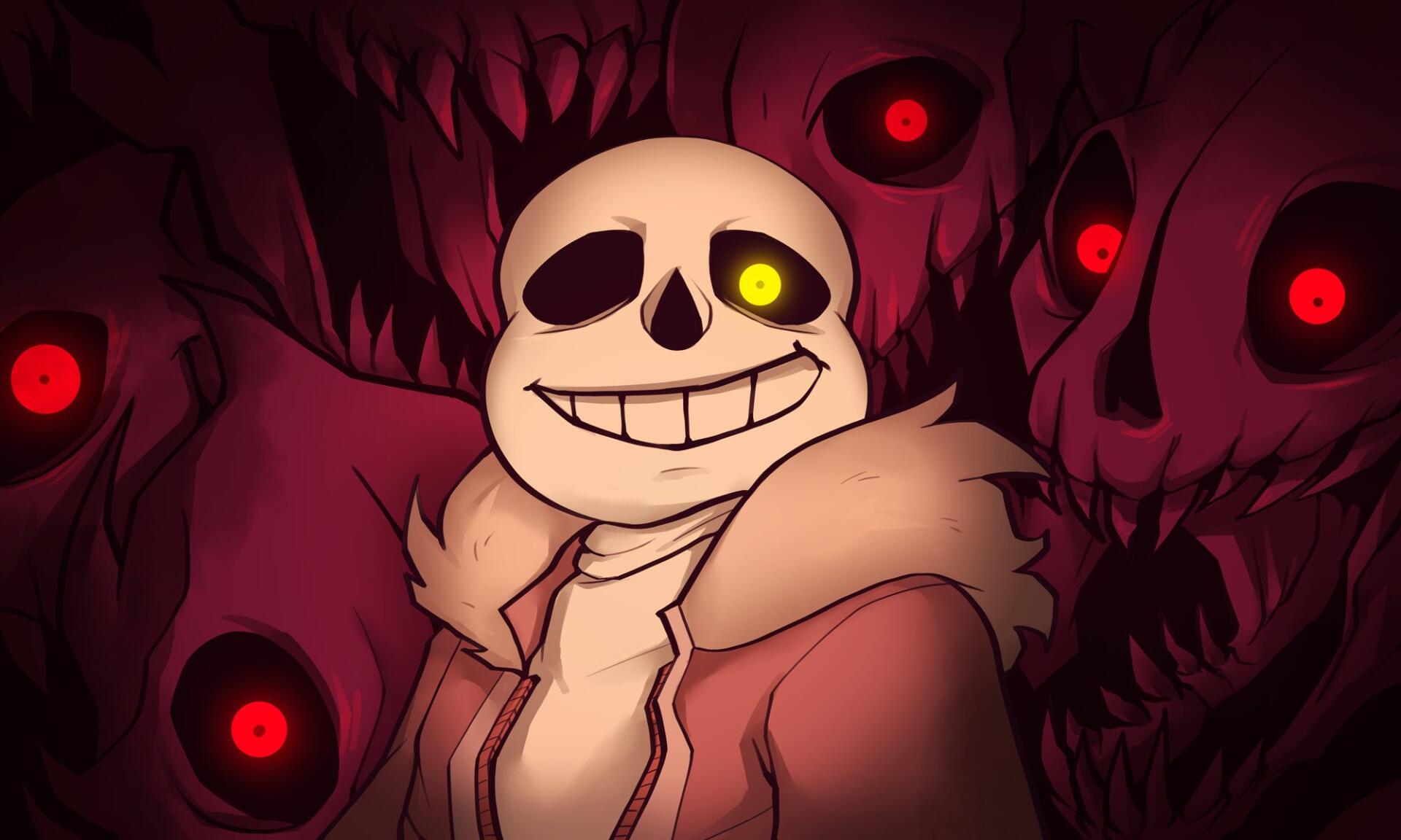 HD PC desktop wallpaper featuring Sans from Undertale with a confident smile, surrounded by dark, glowing red-eyed figures in a shadowy background.