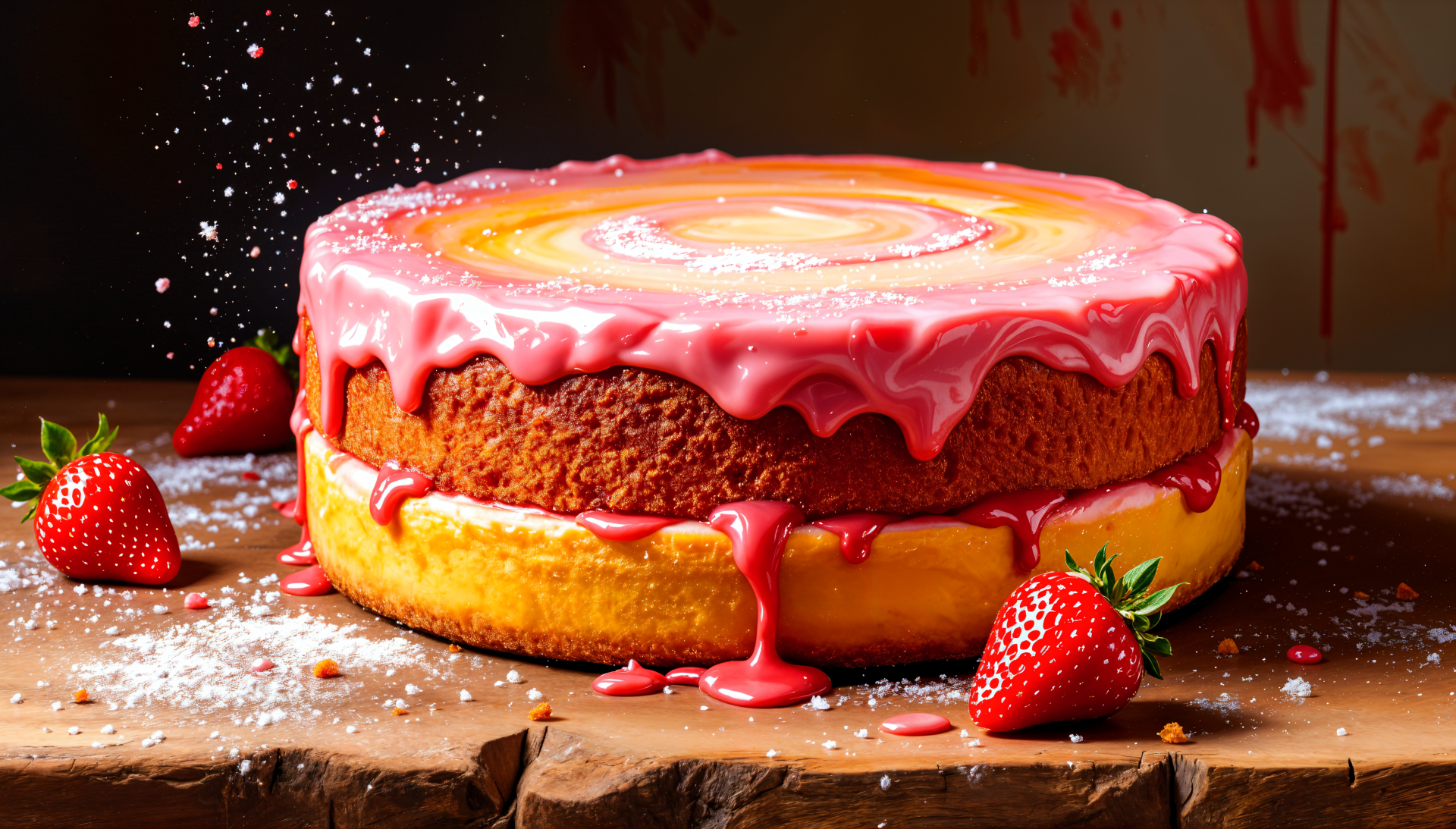 A vibrant strawberry cake with a glossy pink glaze, sitting on a wooden board, surrounded by fresh strawberries and a sprinkle of powdered sugar, captured in stunning 4K Ultra HD.