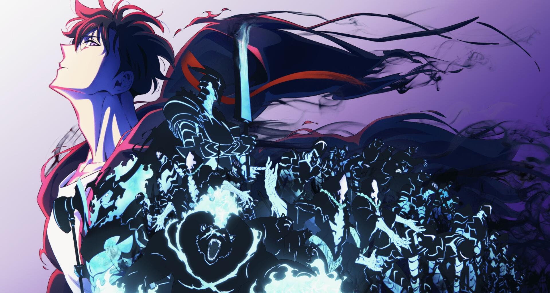 HD PC desktop wallpaper featuring Sung Jin-Woo from the anime Solo Leveling, with dynamic shadows and glowing blue spectral figures surrounding him.
