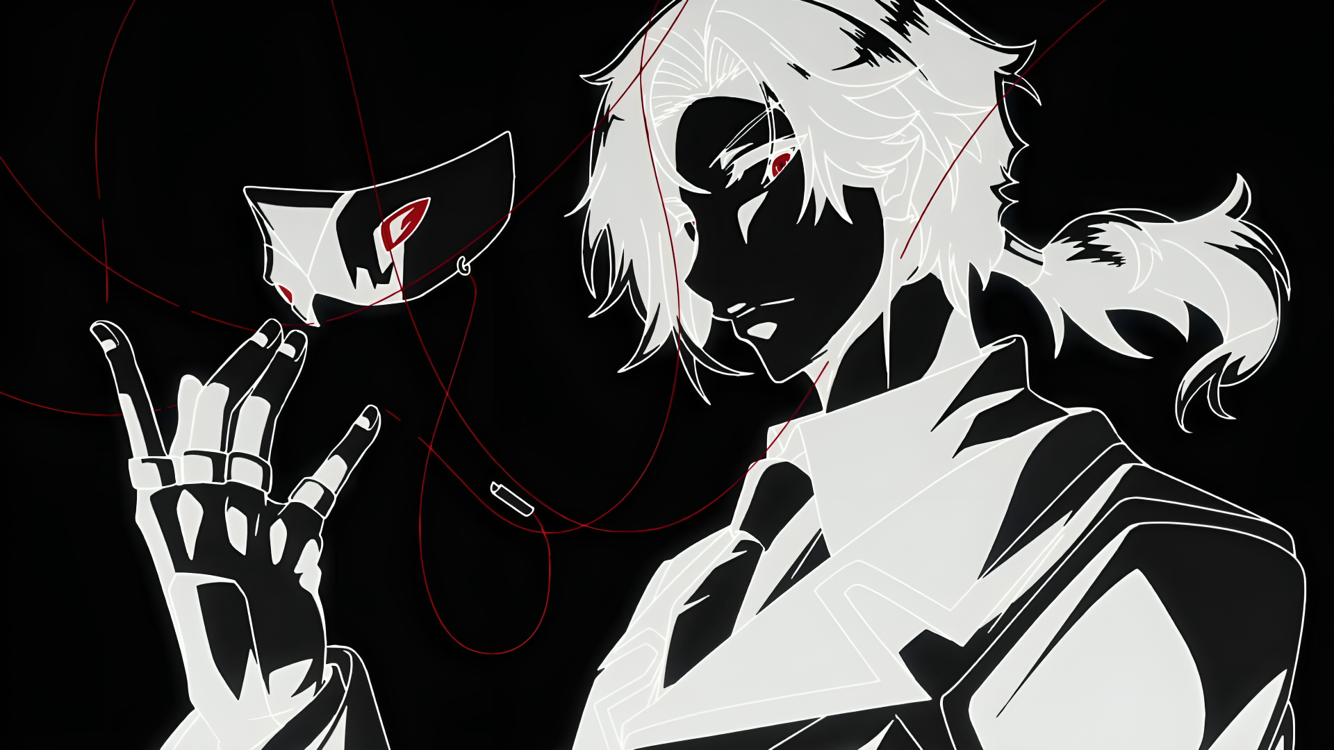 A striking 4K Ultra HD desktop wallpaper from The Eminence in Shadow featuring a monochrome character with white hair, a mysterious mask, and red thread details.