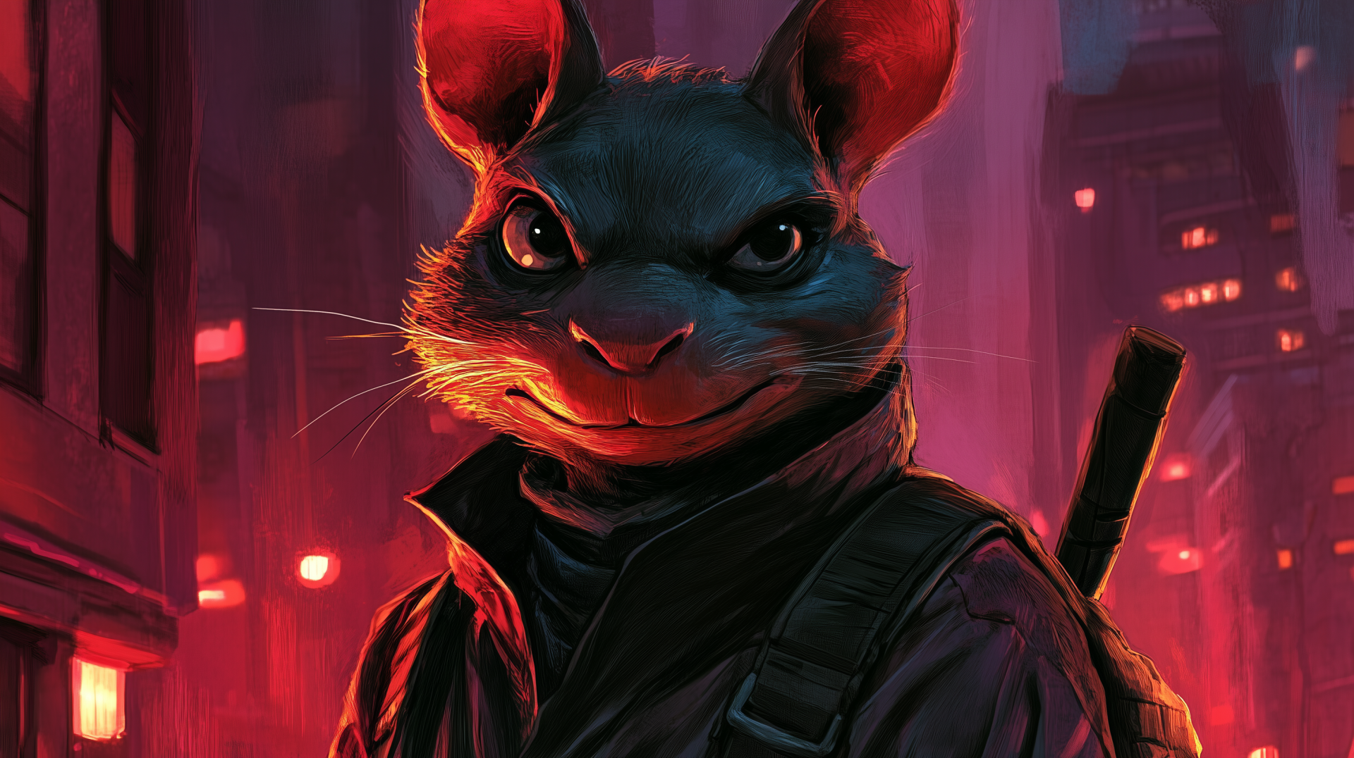 A vibrant HD desktop wallpaper featuring Splinter from Teenage Mutant Ninja Turtles, showcasing his iconic design against a dramatic urban backdrop.