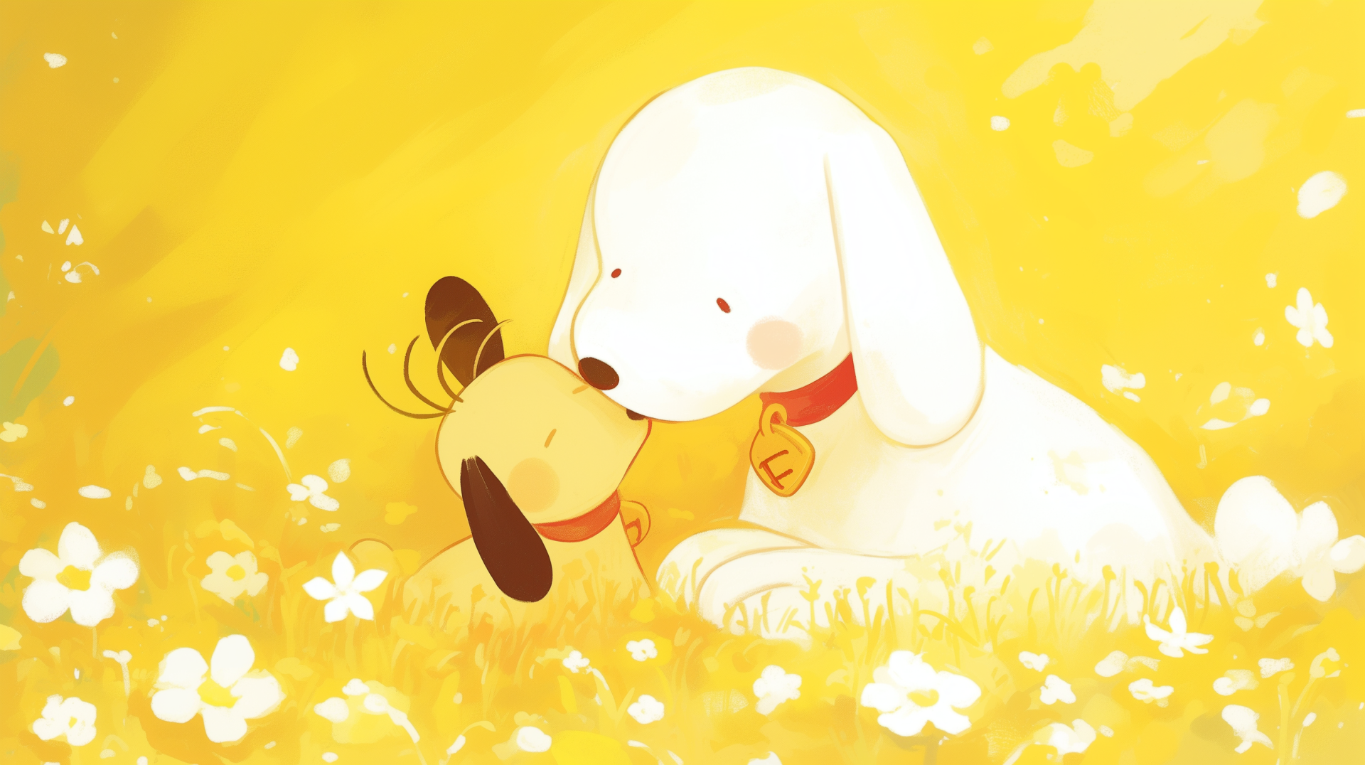 A heartwarming anime scene featuring Pochacco, with a white dog gently sharing a kiss with a smaller dog against a vibrant yellow background filled with flowers. HD desktop wallpaper.