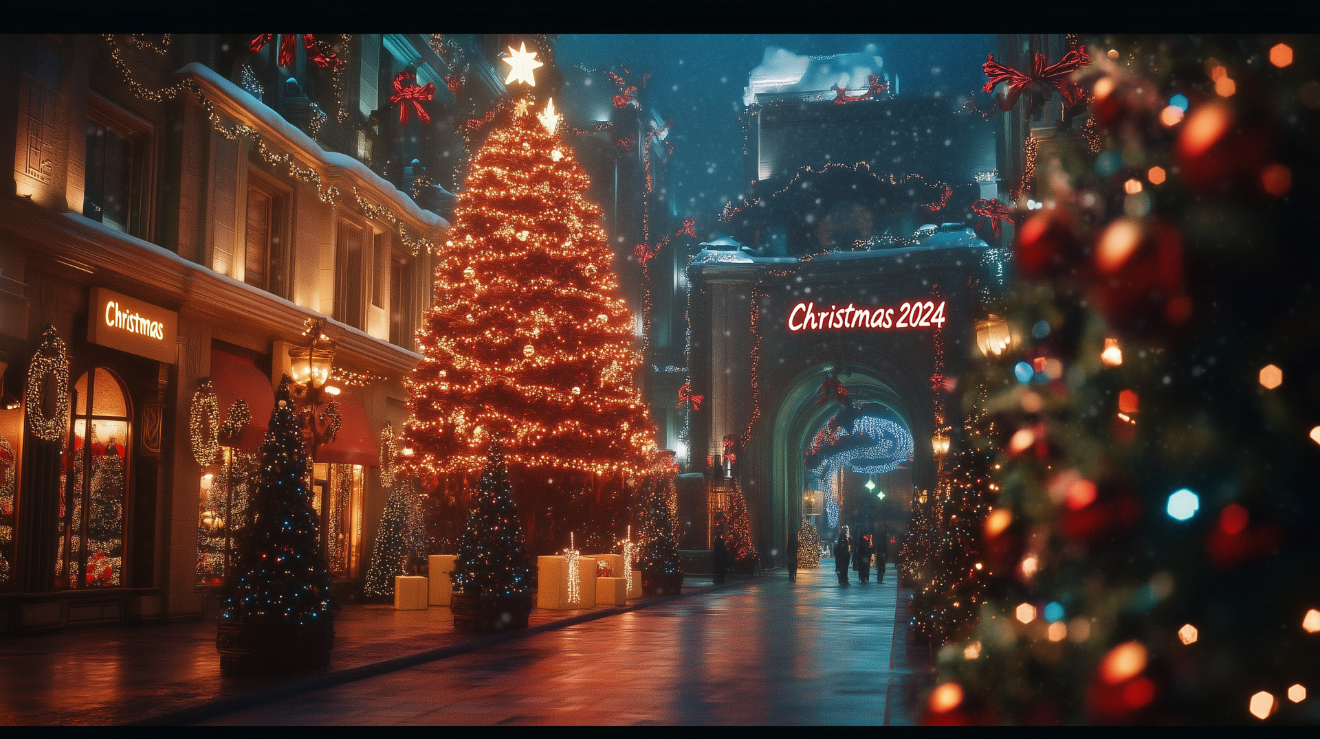 A festive scene featuring a beautifully lit Christmas tree adorned with twinkling lights, surrounded by decorated storefronts and cheerful decorations, capturing the spirit of Christmas 2024.