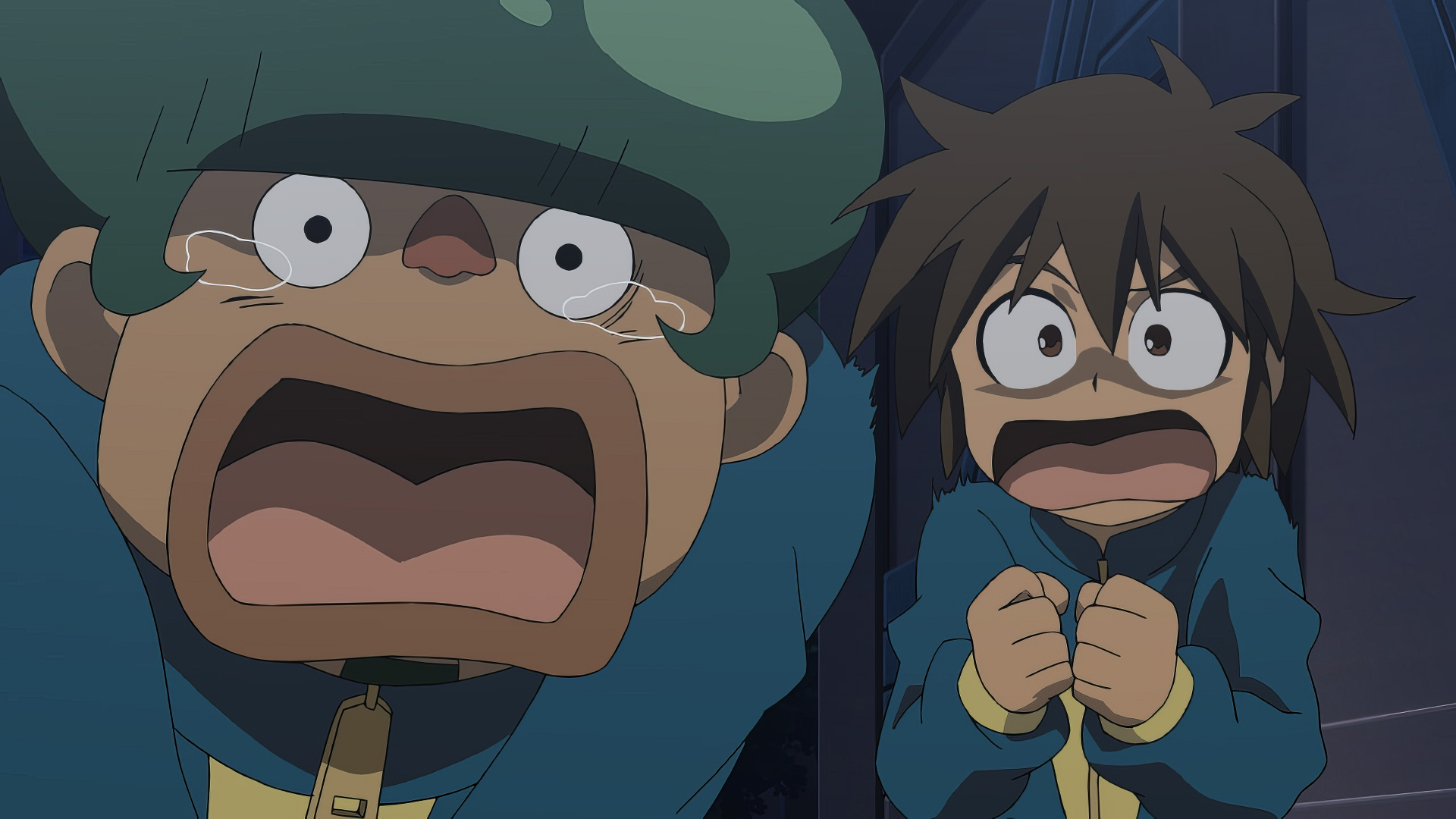 An HD desktop wallpaper featuring characters from Inazuma Eleven, depicting two boys with exaggerated expressions of shock and fear.